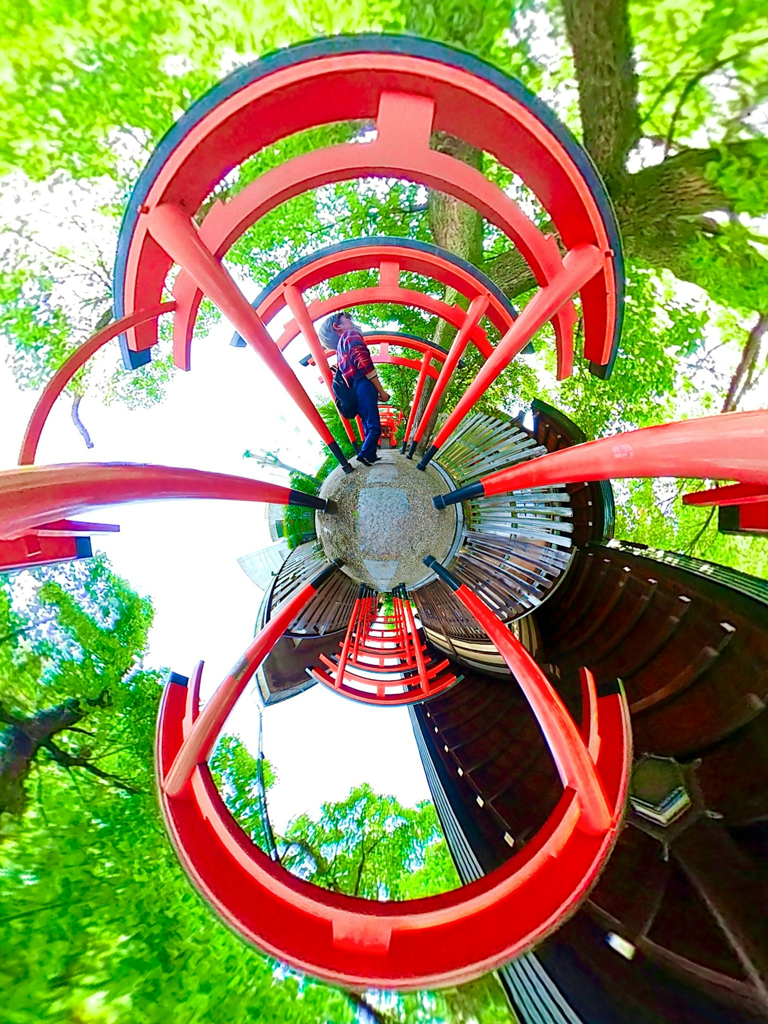 Vista del parque con estructura roja y árboles verdes