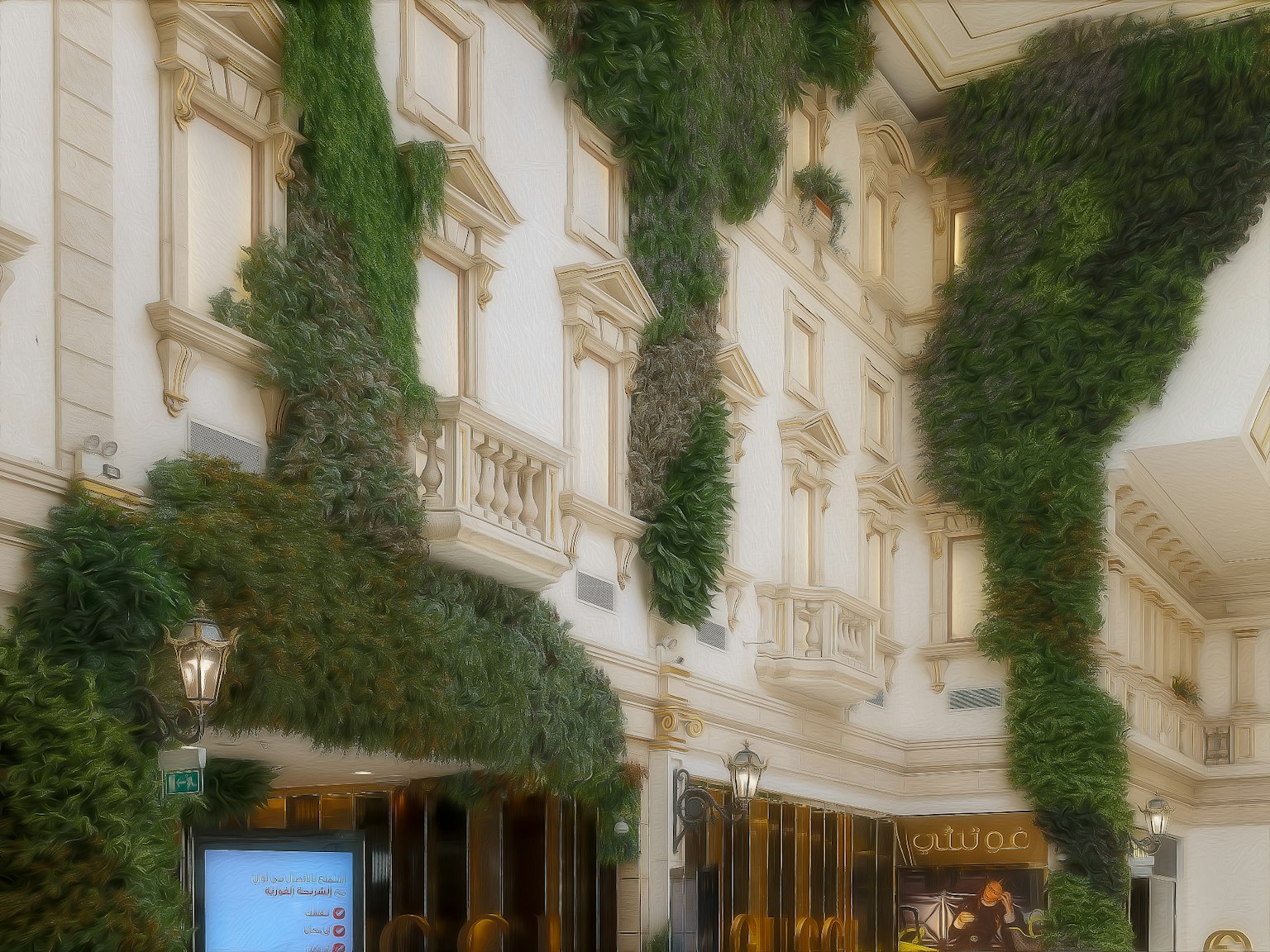 Interior view of a building featuring decorative greenery on walls