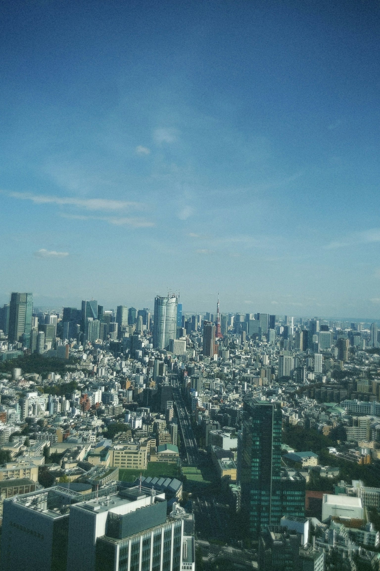 Vista panorámica del horizonte de Tokio con rascacielos bajo un cielo azul claro