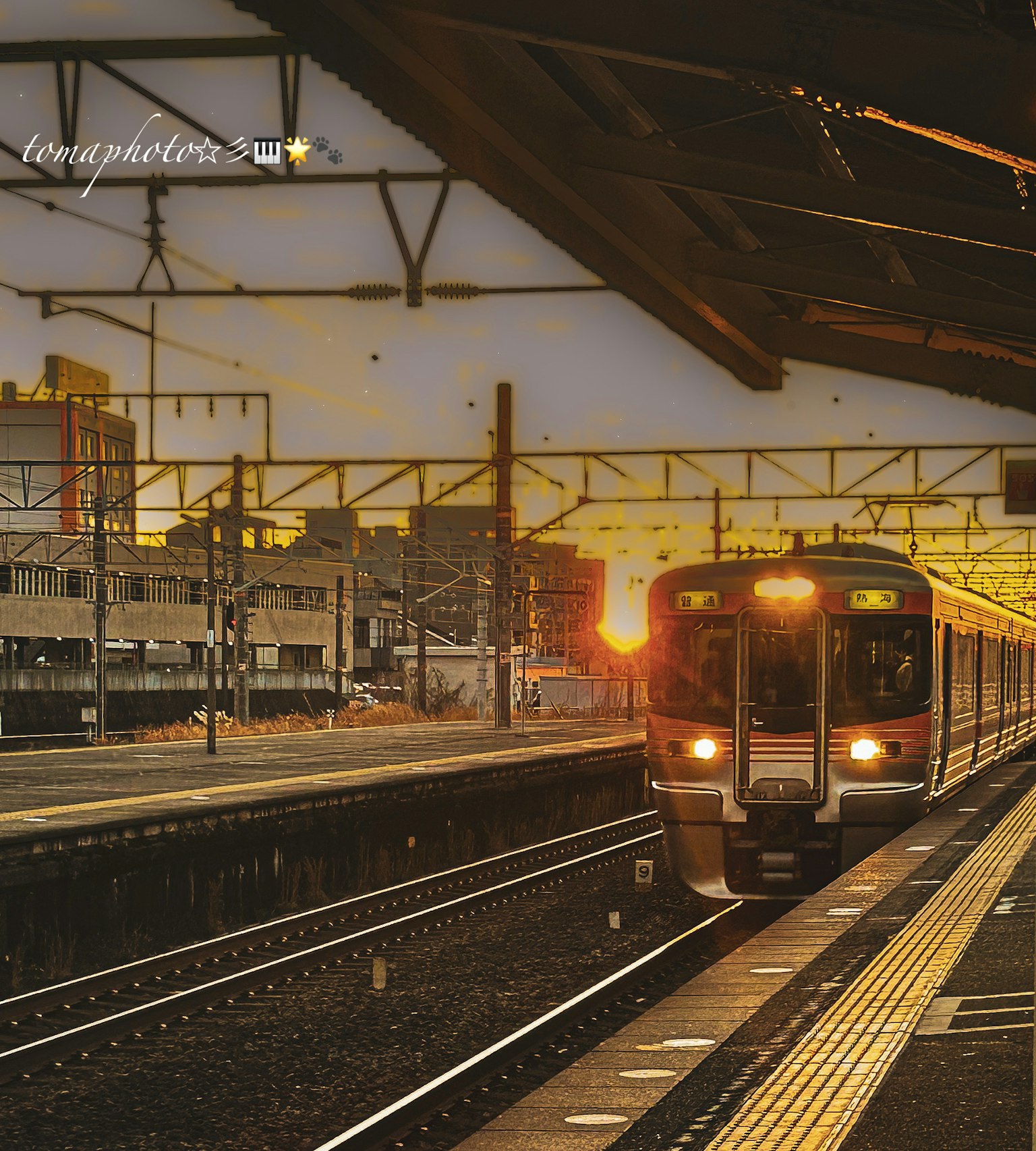 夕阳下到达车站的火车