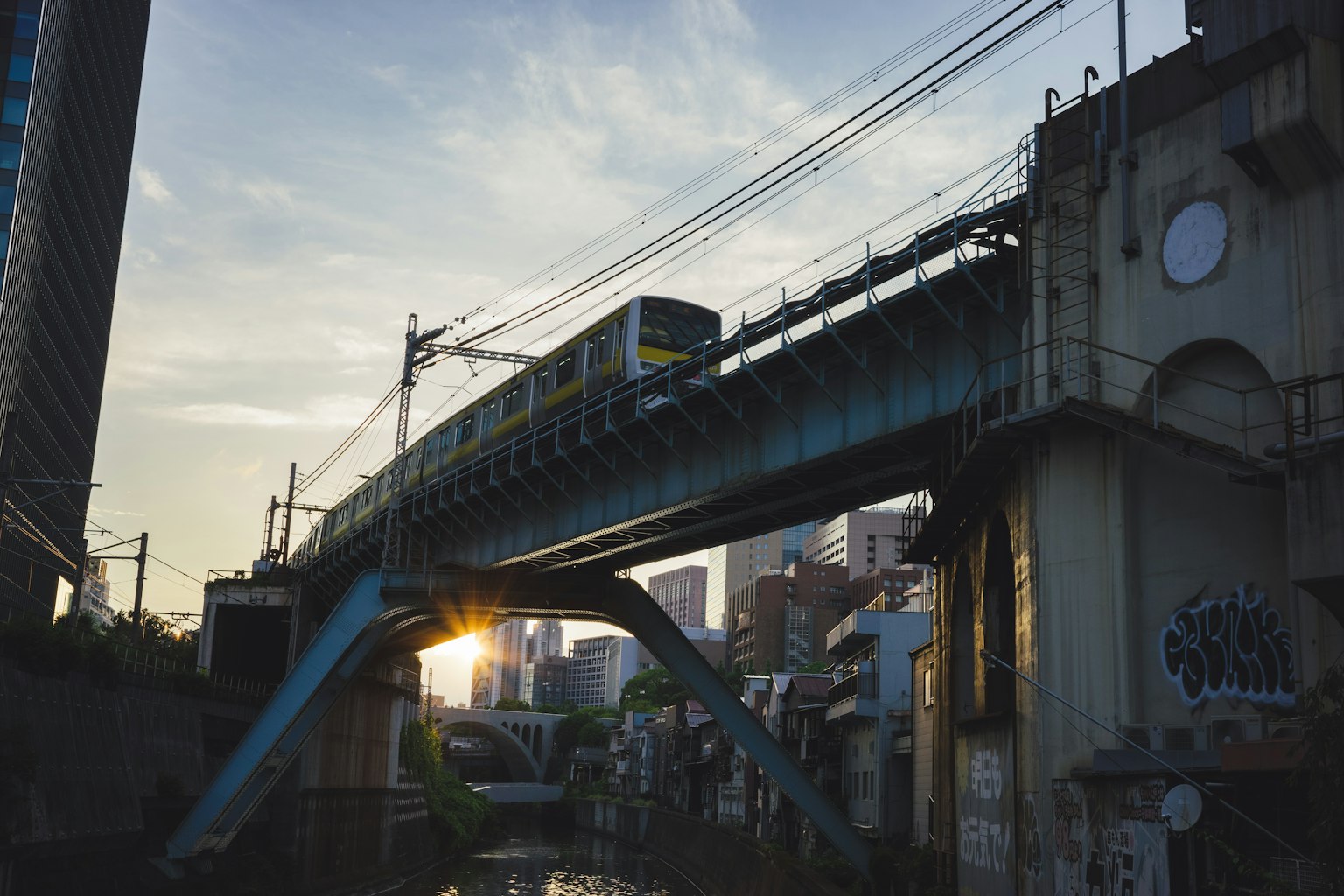 รถไฟที่วิ่งอยู่บนสะพานสูงในช่วงพระอาทิตย์ตกกับทิวทัศน์เมือง