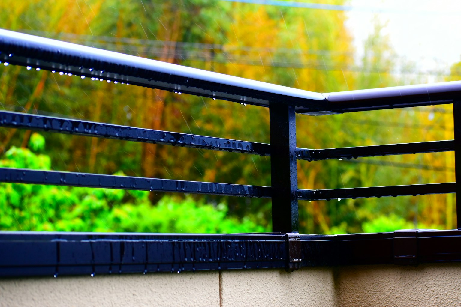 Railing di balcone nera con gocce di pioggia e alberi verdi e gialli sfocati sullo sfondo
