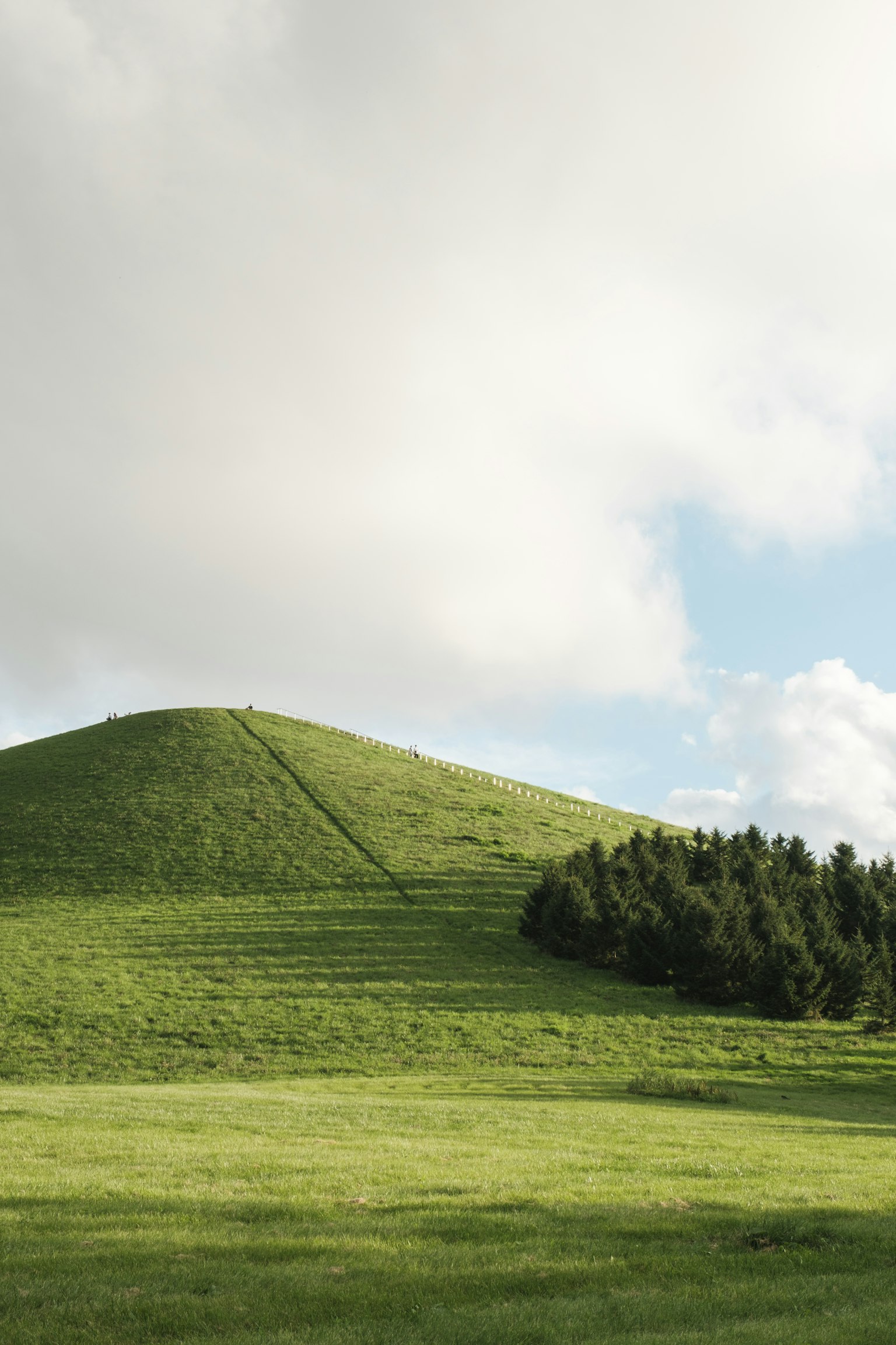 Colina verde con árboles bajo un cielo nublado