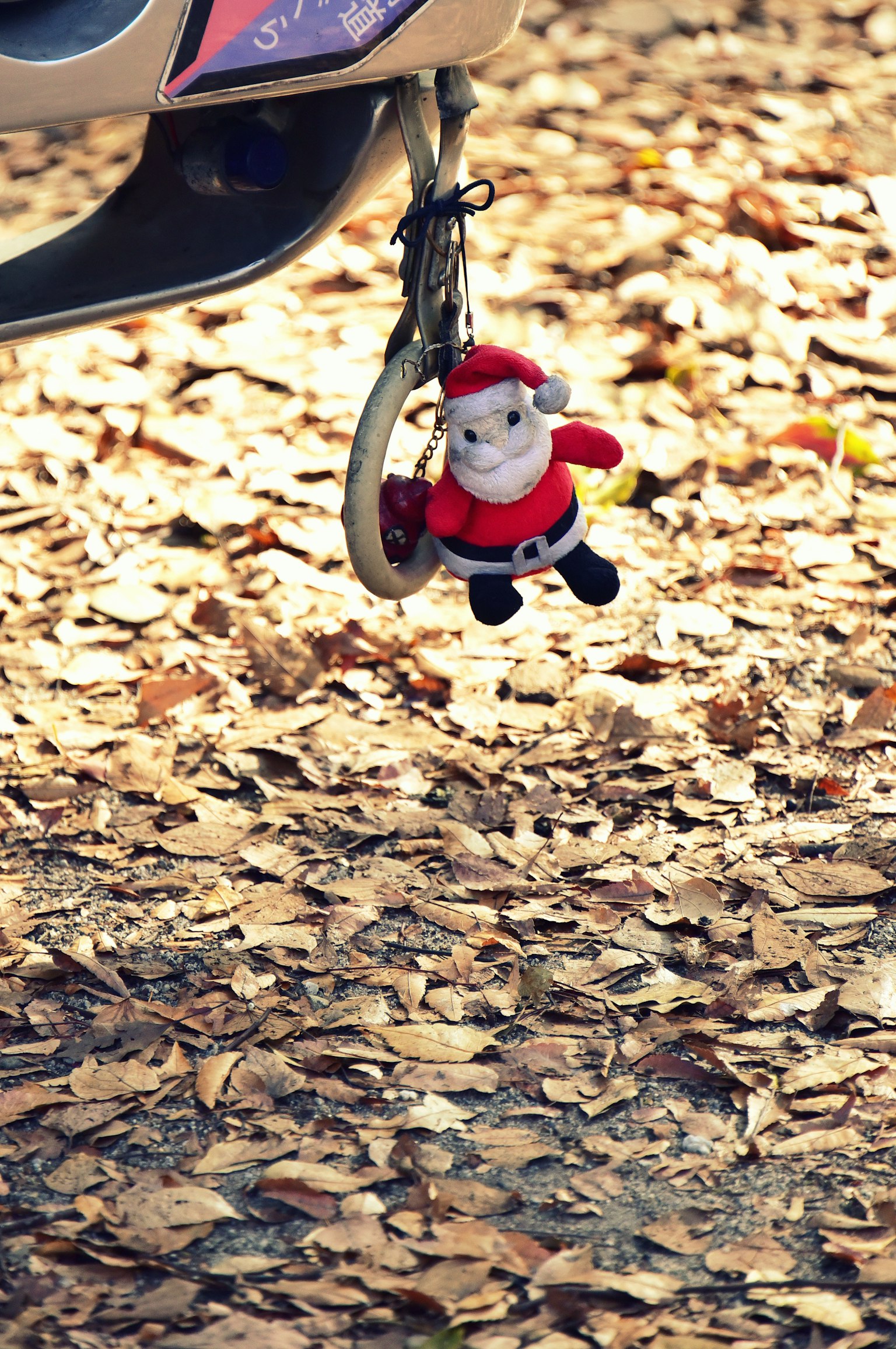 落ち葉の上にぶら下がるサンタのぬいぐるみ