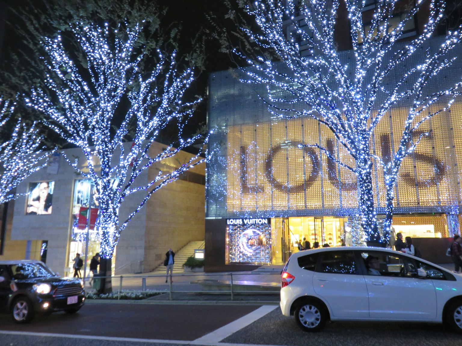 夜間景觀，路易威登商店裝飾著閃亮的樹木