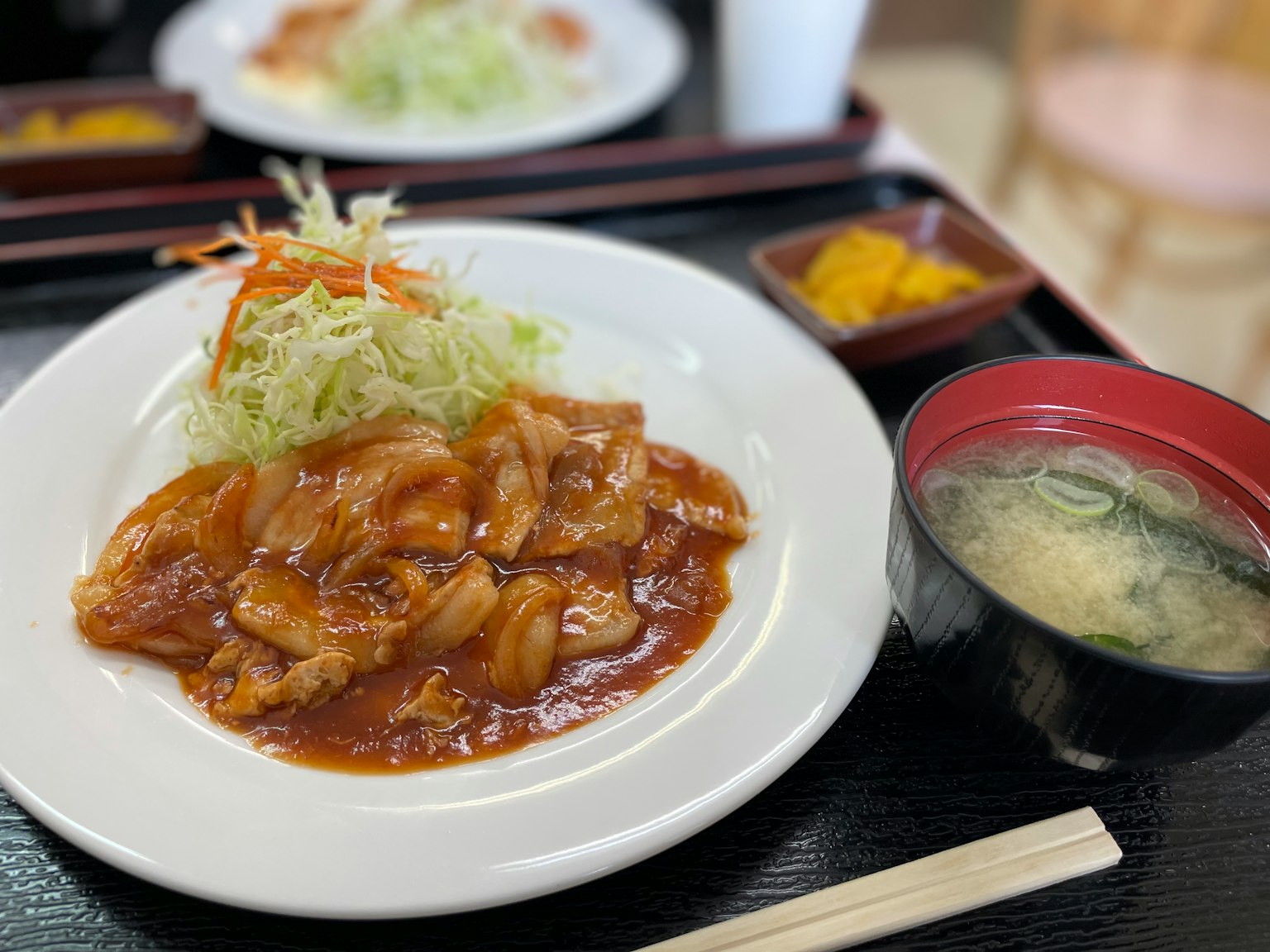 盤子裡的甜鹹雞肉菜餚和捲心菜沙拉