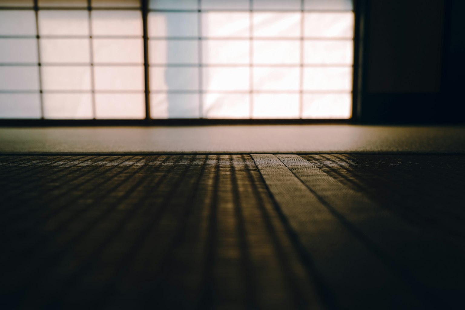 Eine ruhige Ansicht eines Tatami-Bodens mit sanftem Licht, das durch Shoji-Bildschirme fällt