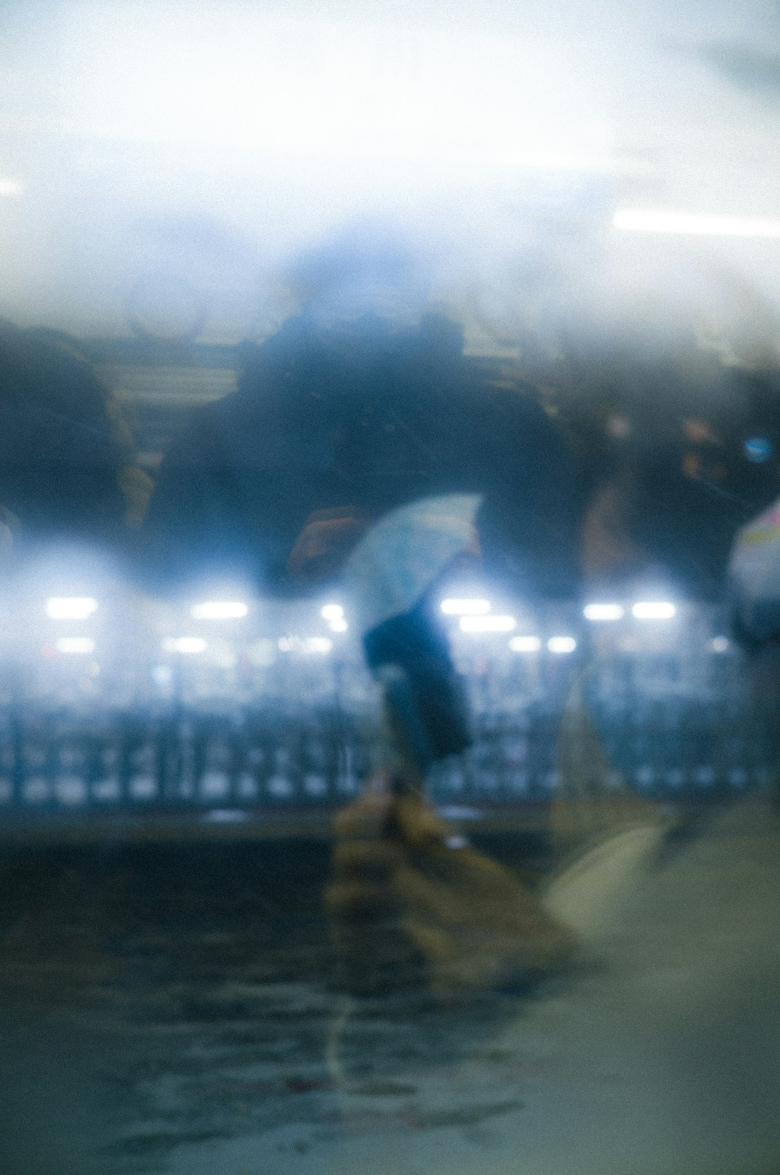 A person holding an umbrella reflected on a water surface with a blurred background