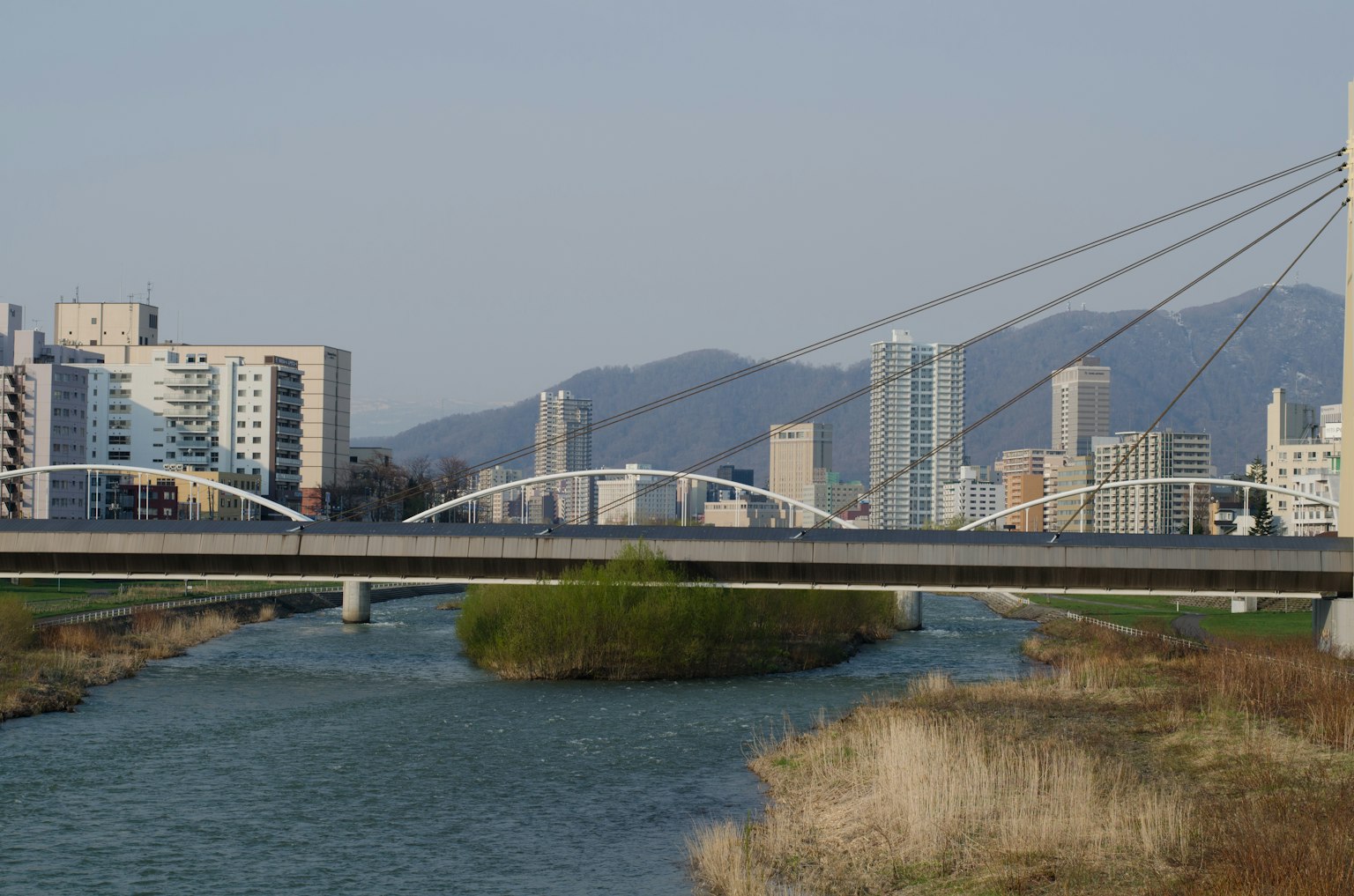 Vista di un fiume con edifici moderni e un ponte