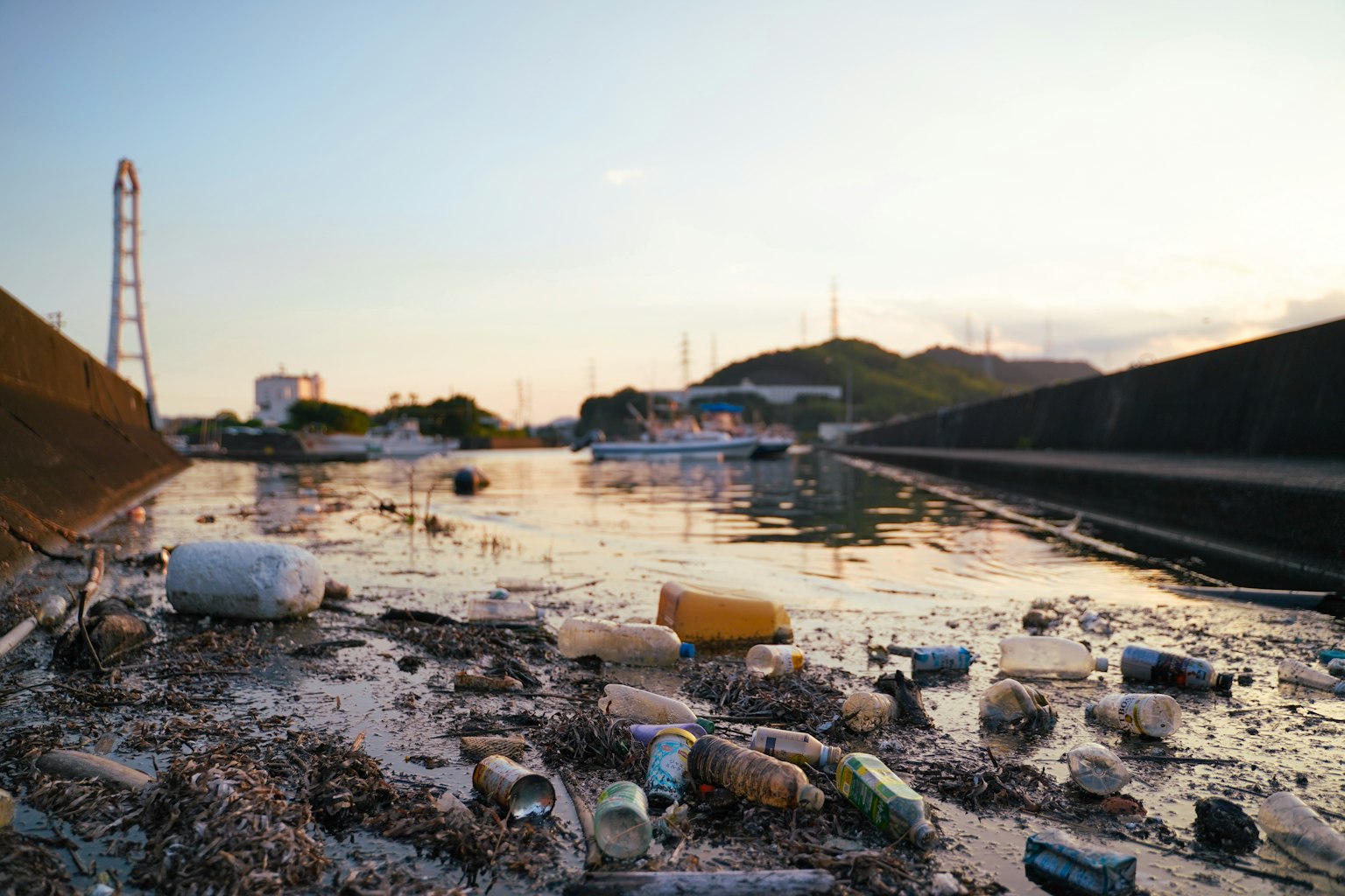 水面上漂浮的垃圾和日落背景