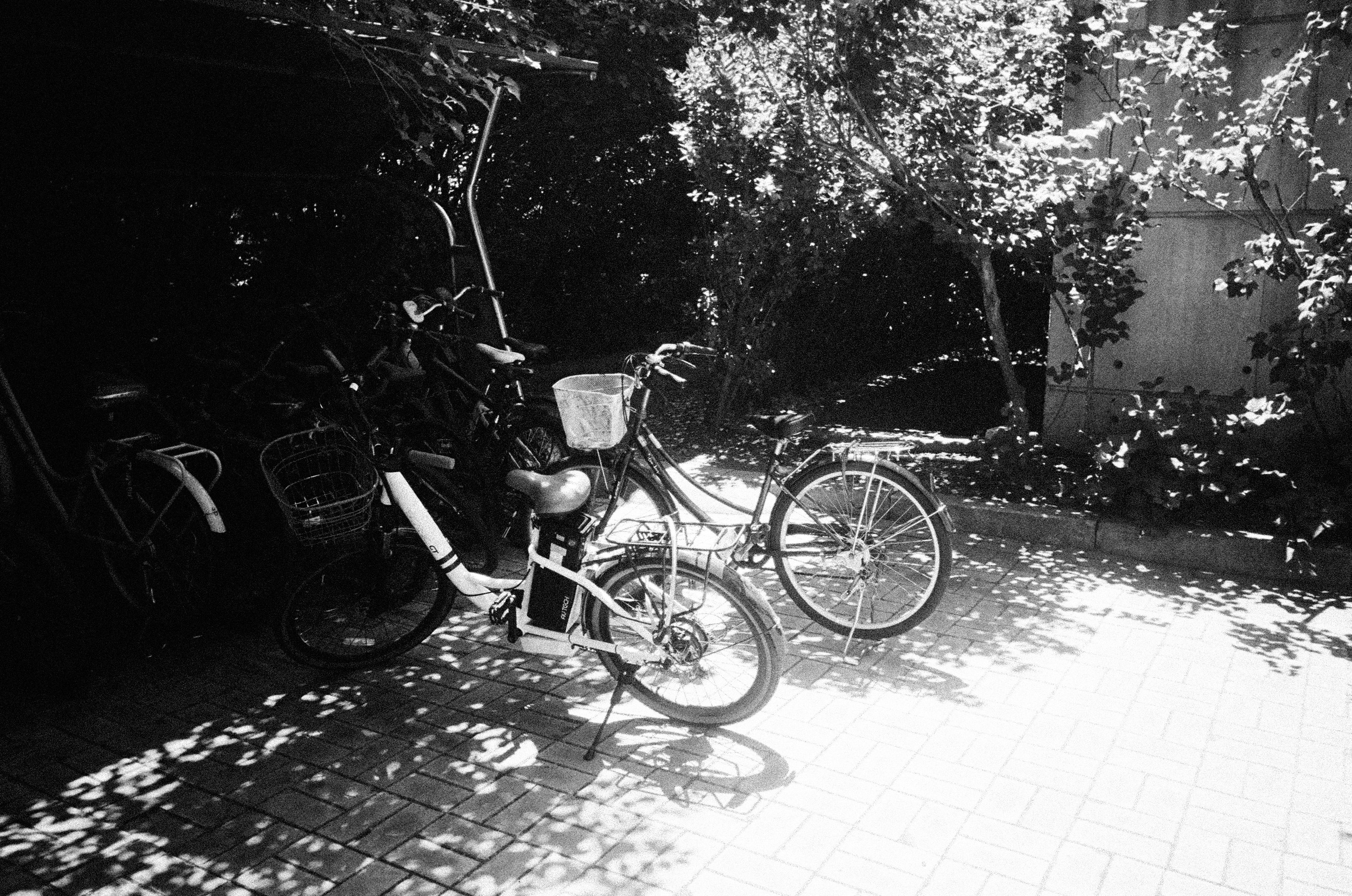 路地に並ぶ自転車のある商店街の軒先