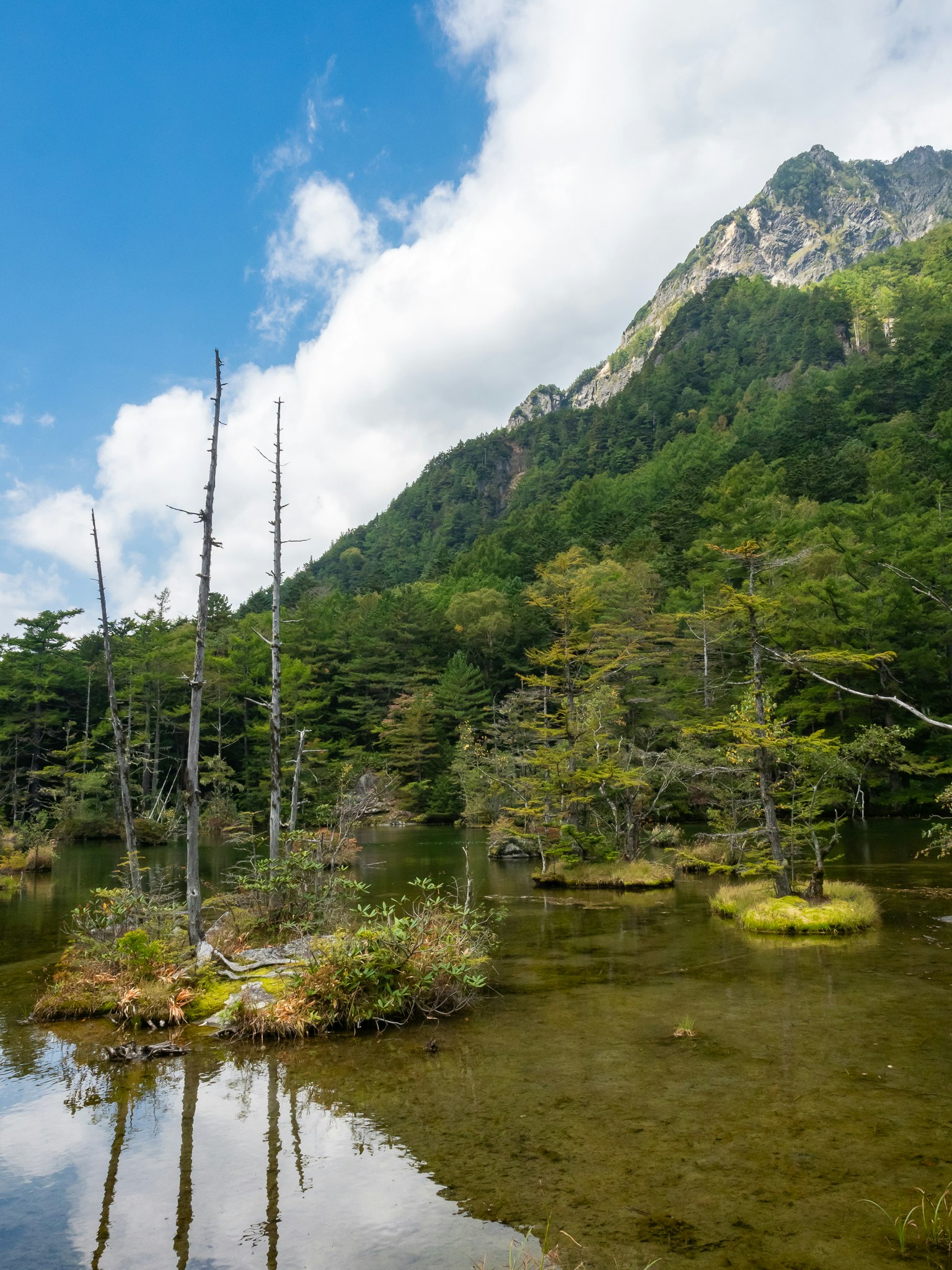 Pemandangan indah dan tenang danau dikelilingi gunung dan pohon