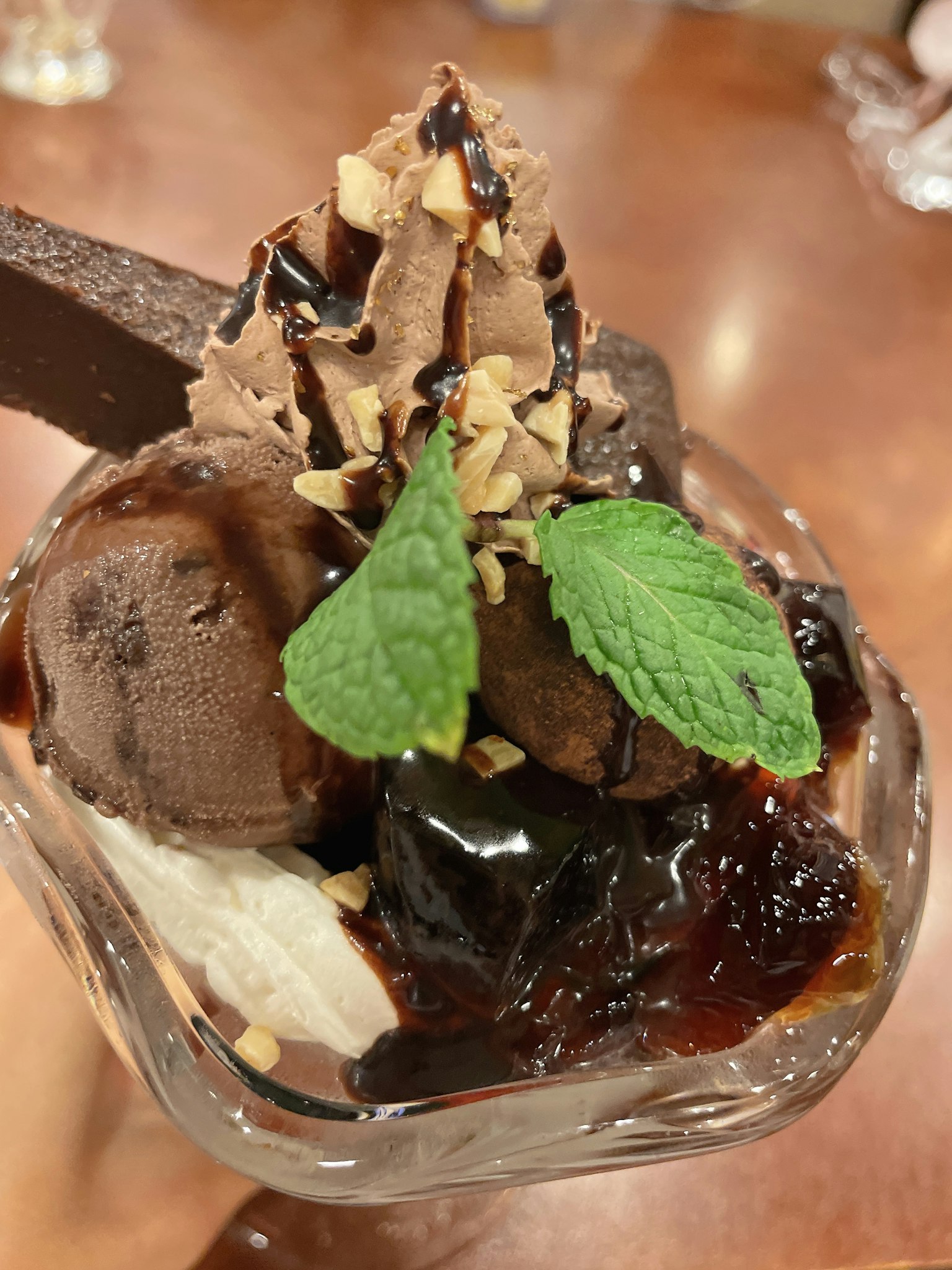 Dessert avec glace au chocolat garnie de feuilles de menthe et de sirop de chocolat