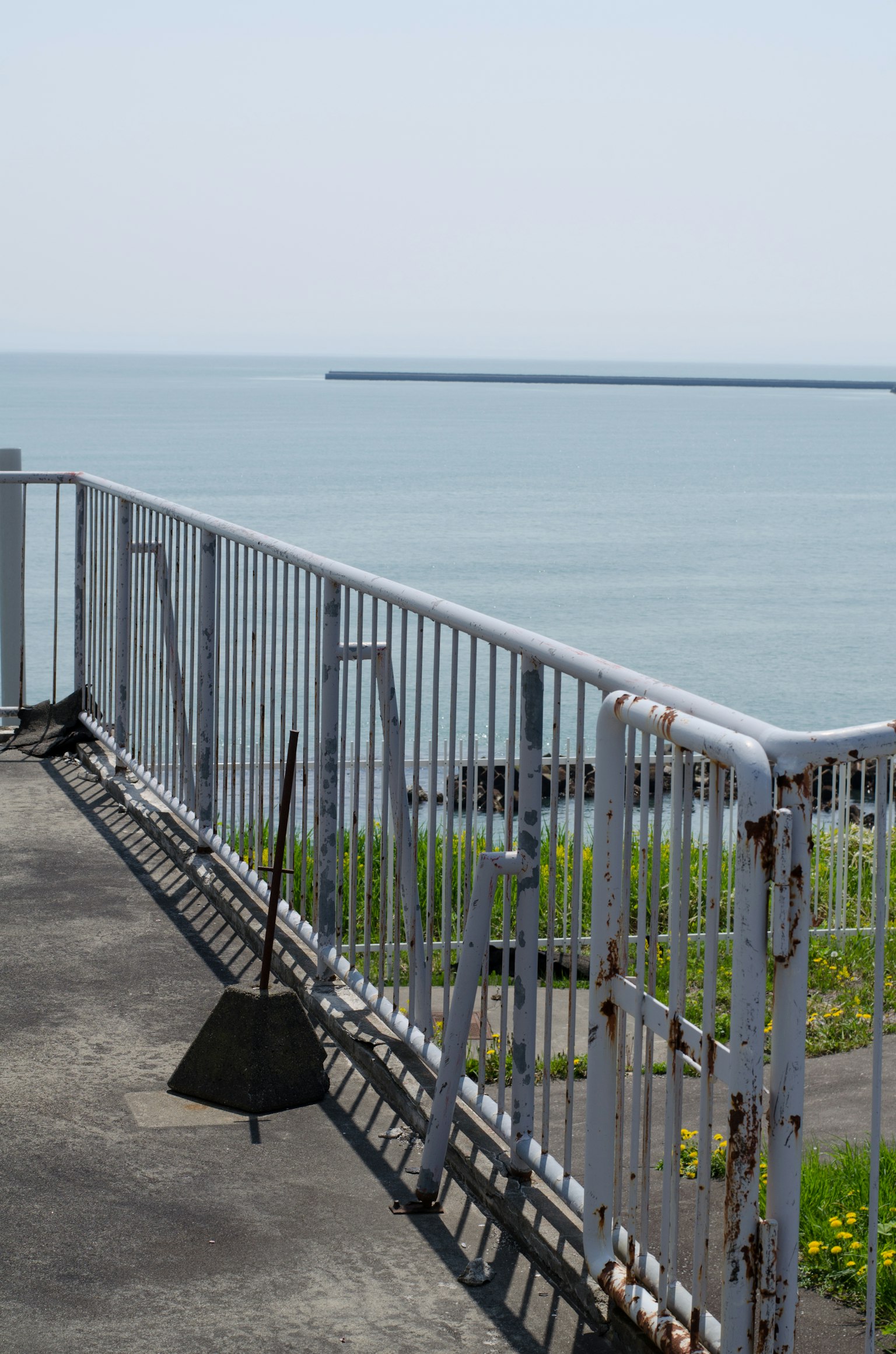 View of the sea with a railing and a black object