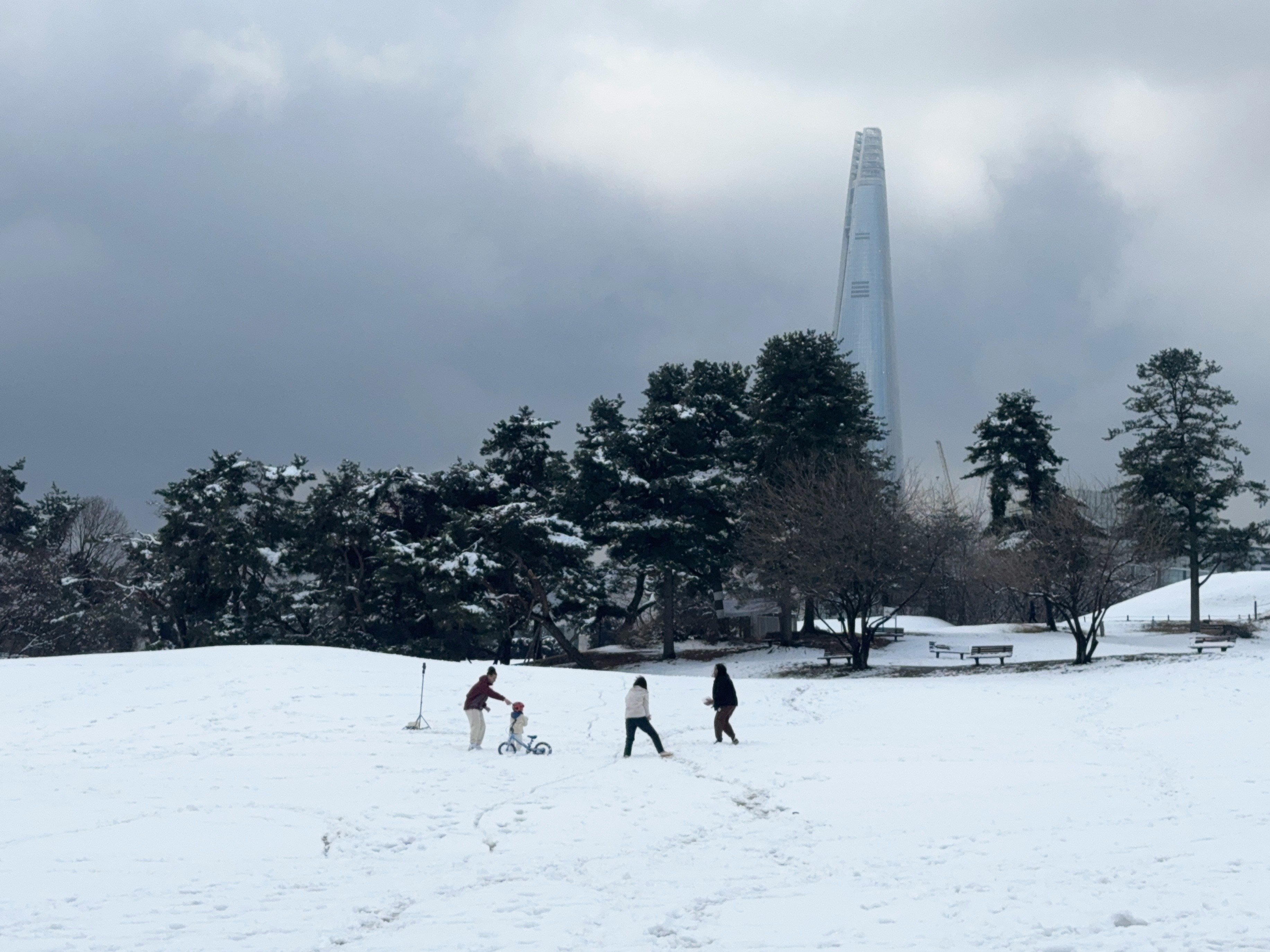 雪に覆われた公園で遊ぶ人々と背景の高い建物