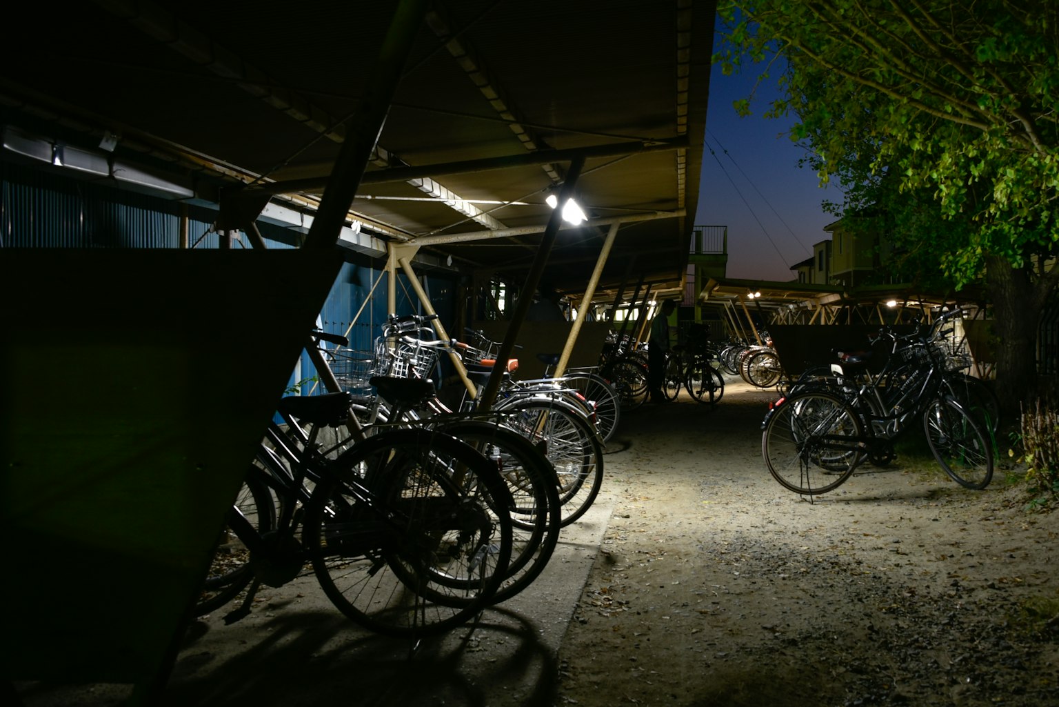 Area parkir sepeda yang diterangi di malam hari dengan bayangan