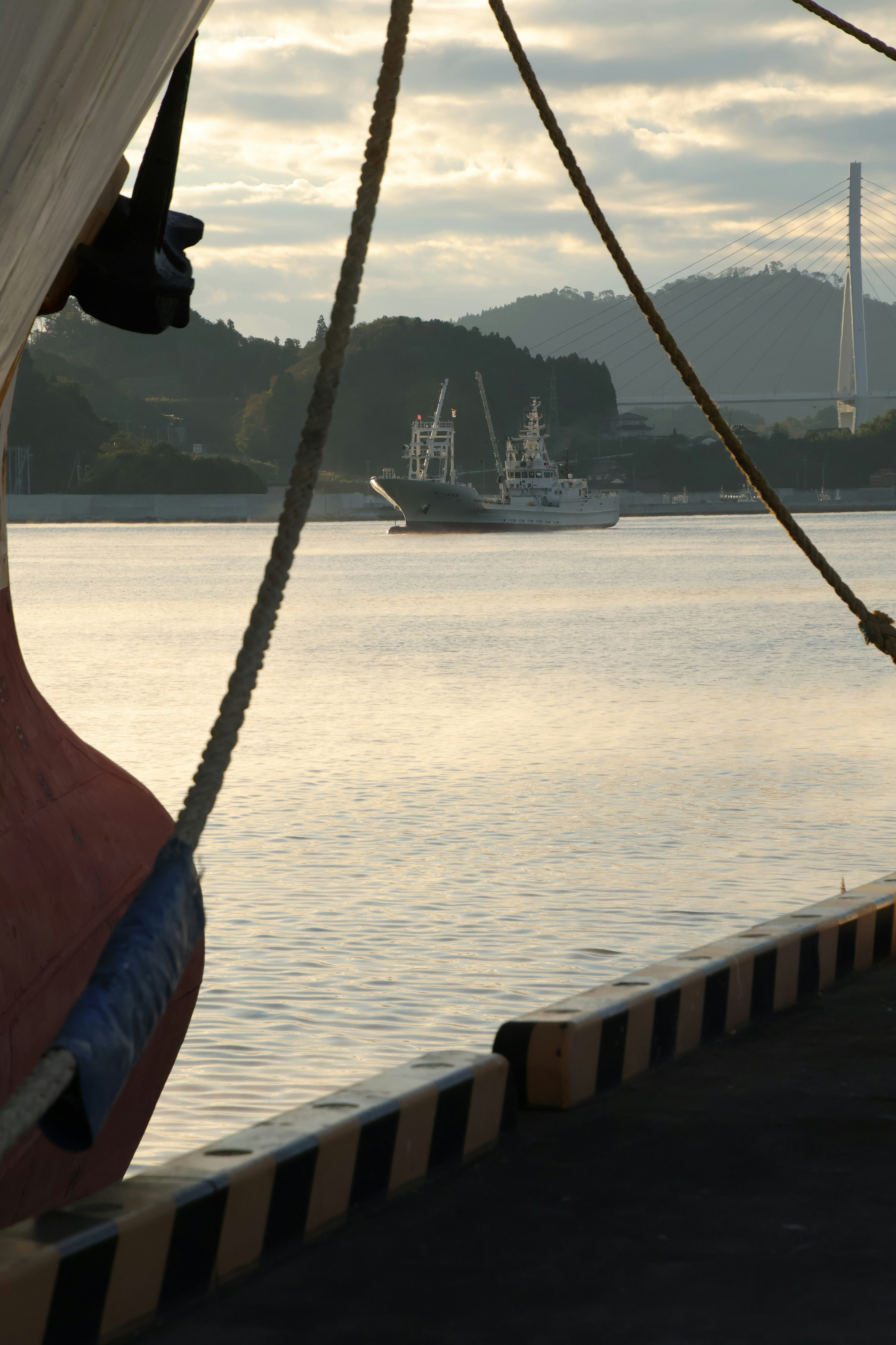 Cold morning seascape with a fishing-boat rope framing calm water and distant vessels