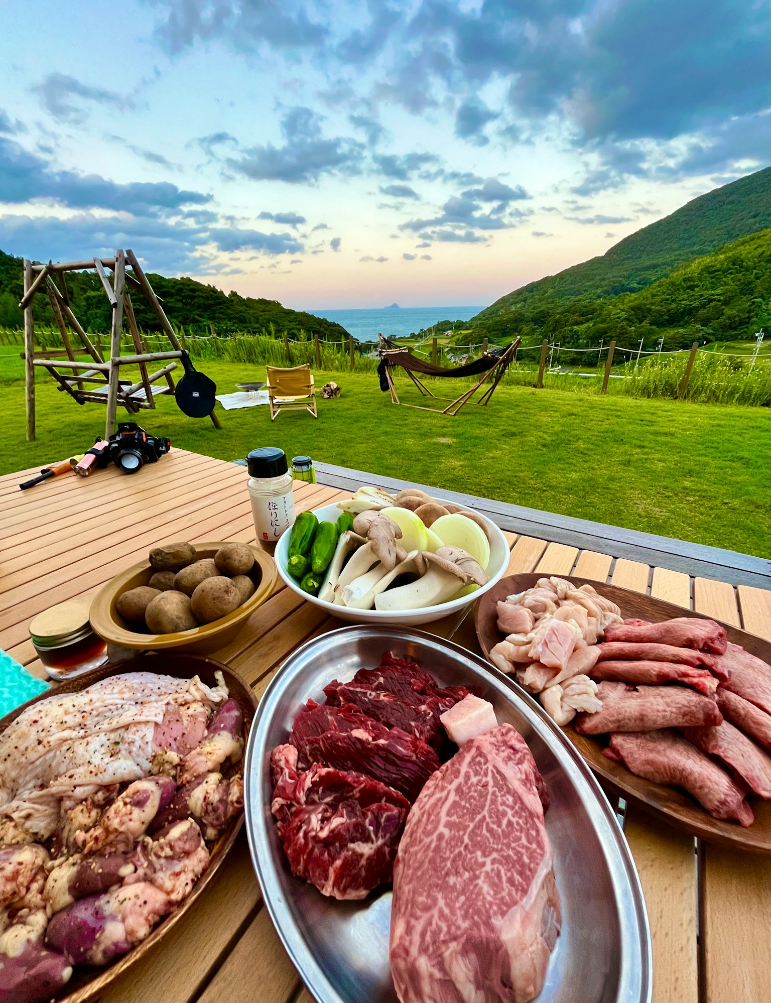 Escena de comida al aire libre con carne y verduras frescas en una mesa hermoso paisaje de fondo