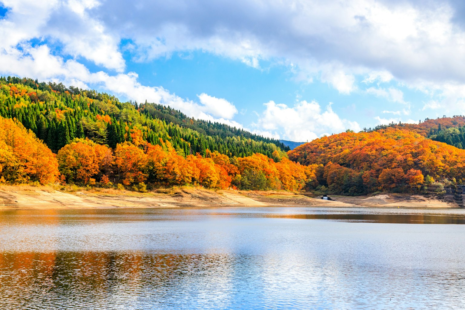Hermoso paisaje de otoño con árboles naranjas y verdes vibrantes lago tranquilo cielo azul y nubes blancas