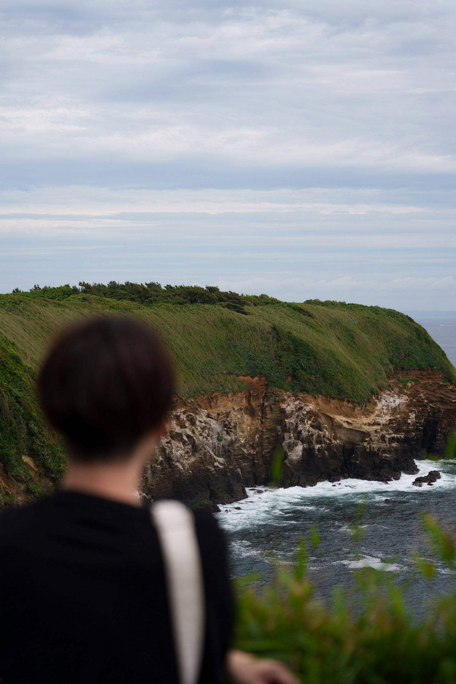 Woman gazing at coastal cliffs with green hills and waves crashing
