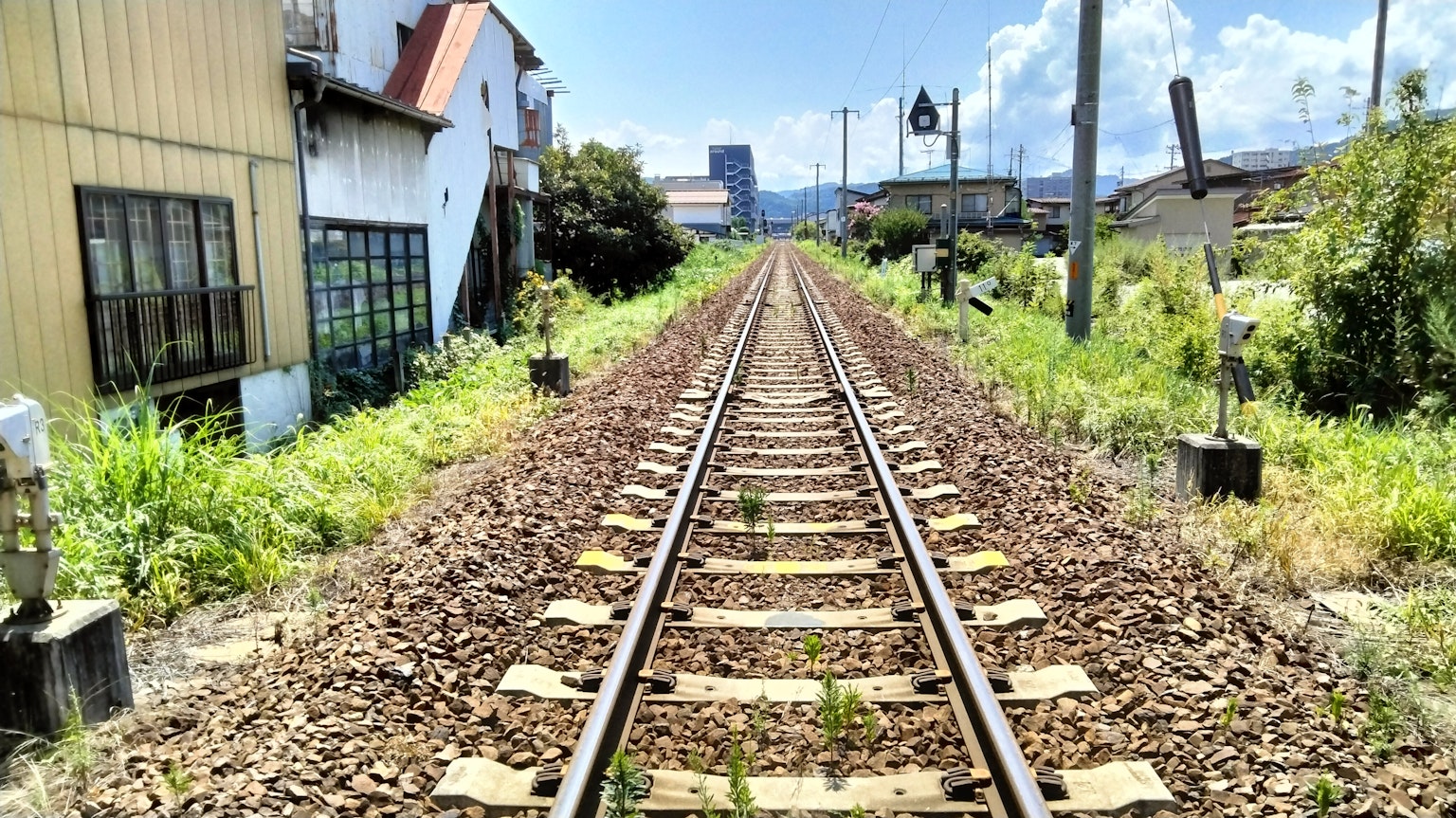 View of railway tracks leading into the distance with surrounding buildings