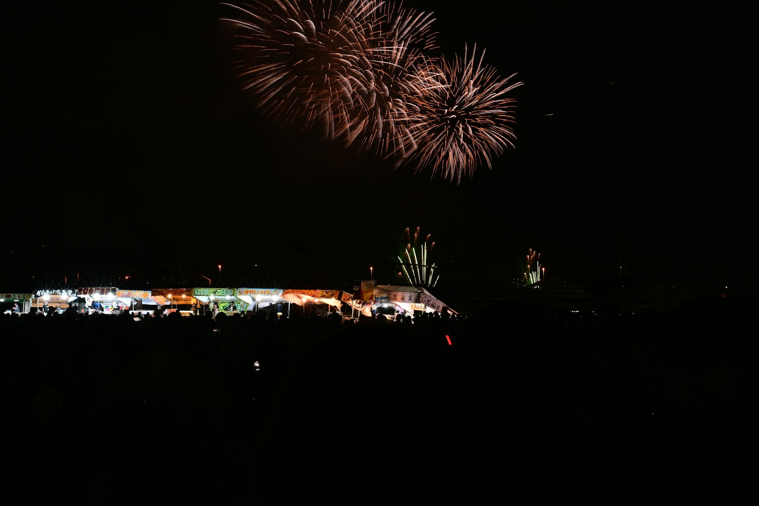 Spectacle de feux d'artifice dans le ciel nocturne avec des silhouettes de spectateurs