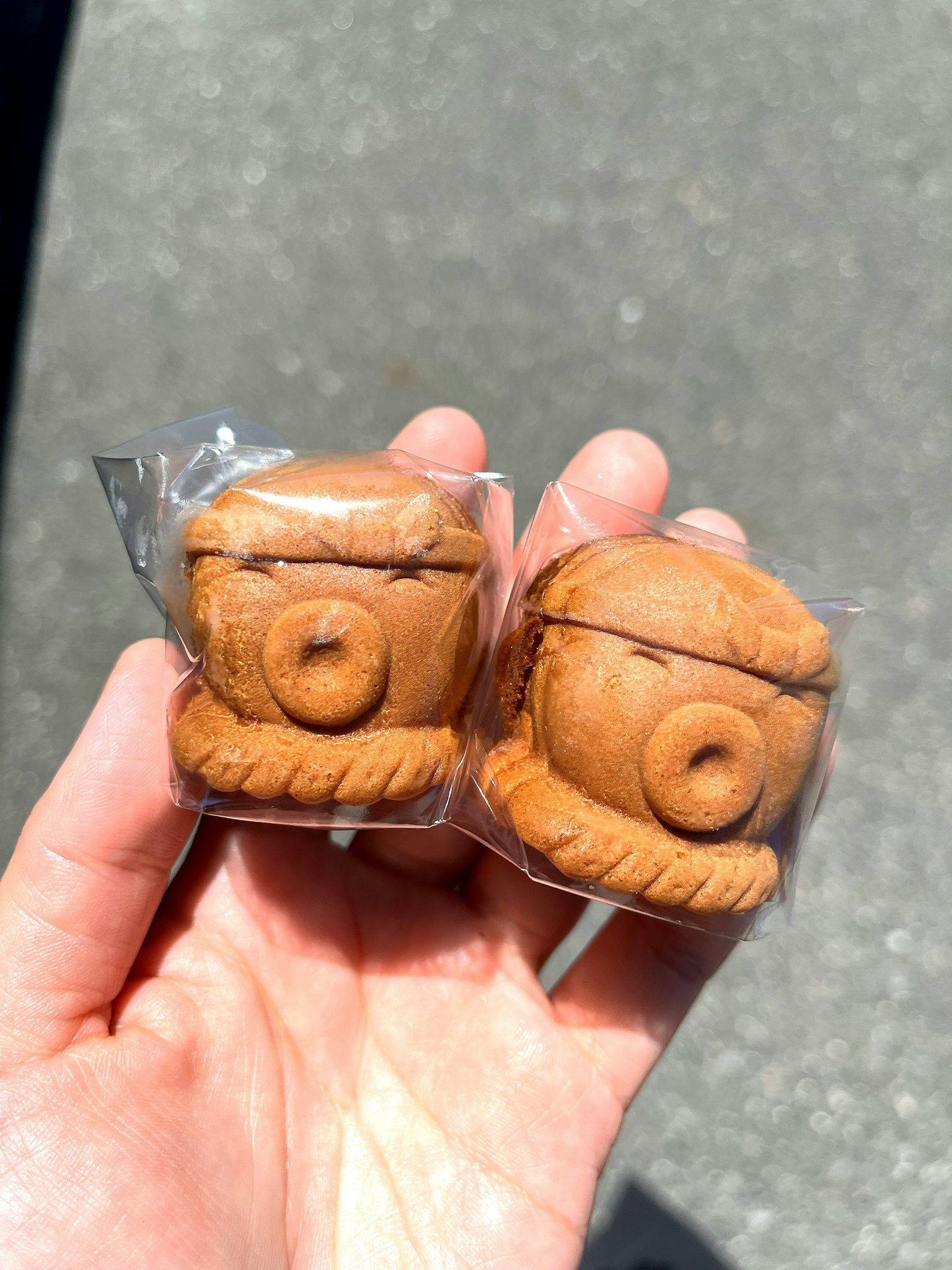 手中握着两个透明包装的小棕色容器