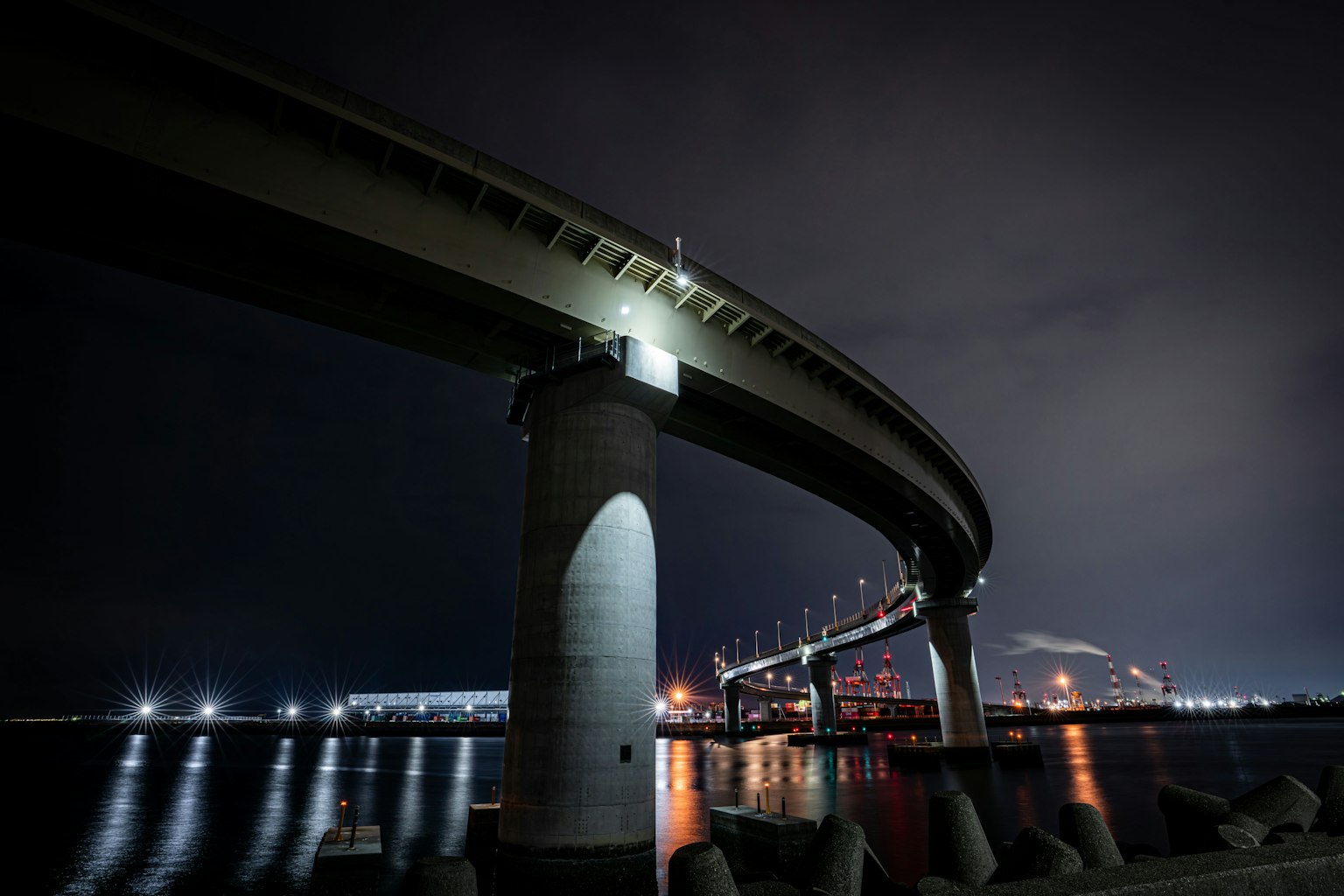 Curved bridge over a harbor at night with visible support pillars and reflections on the water