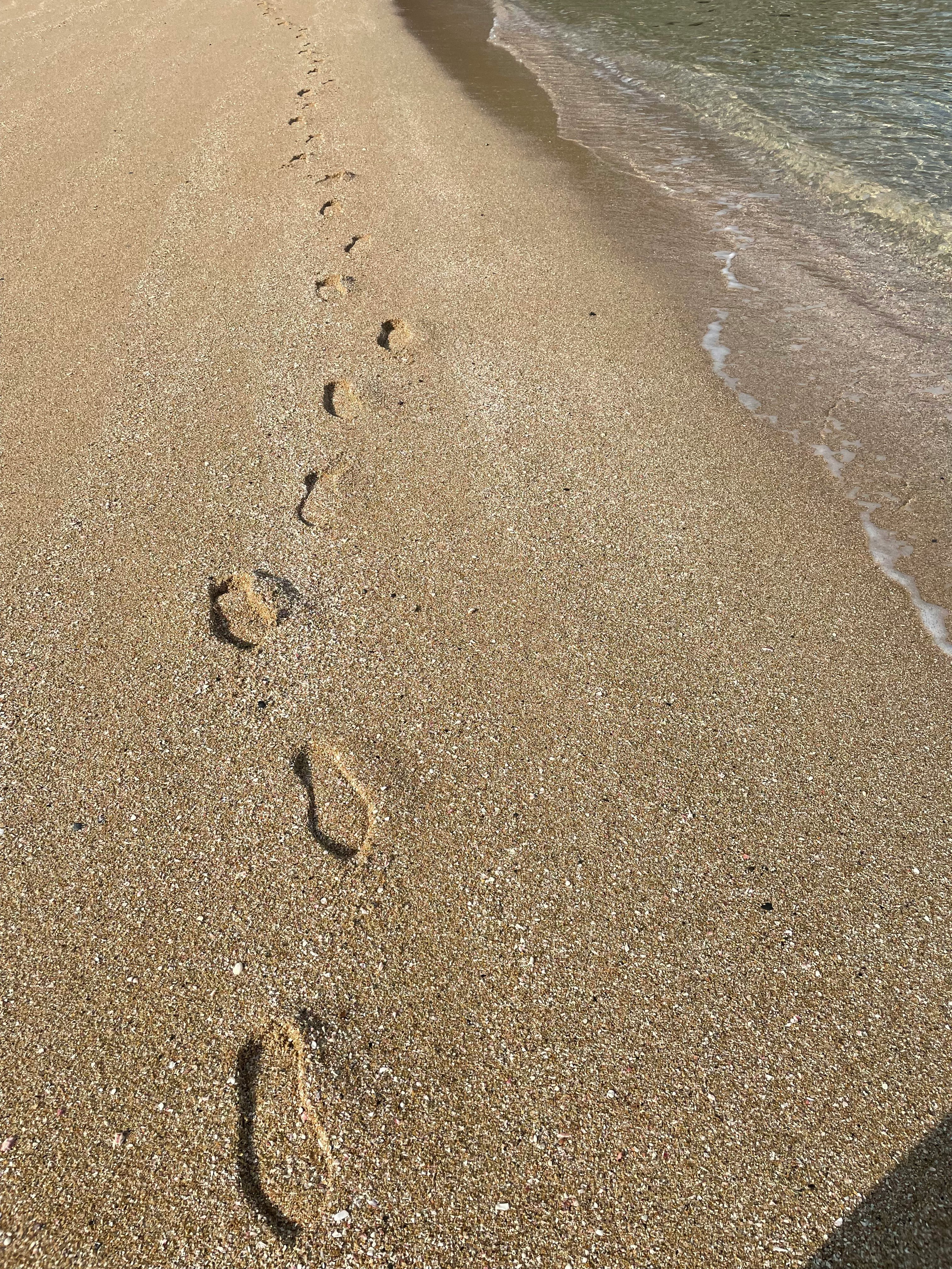 砂浜に続く足跡と波打ち際の朝の海散歩