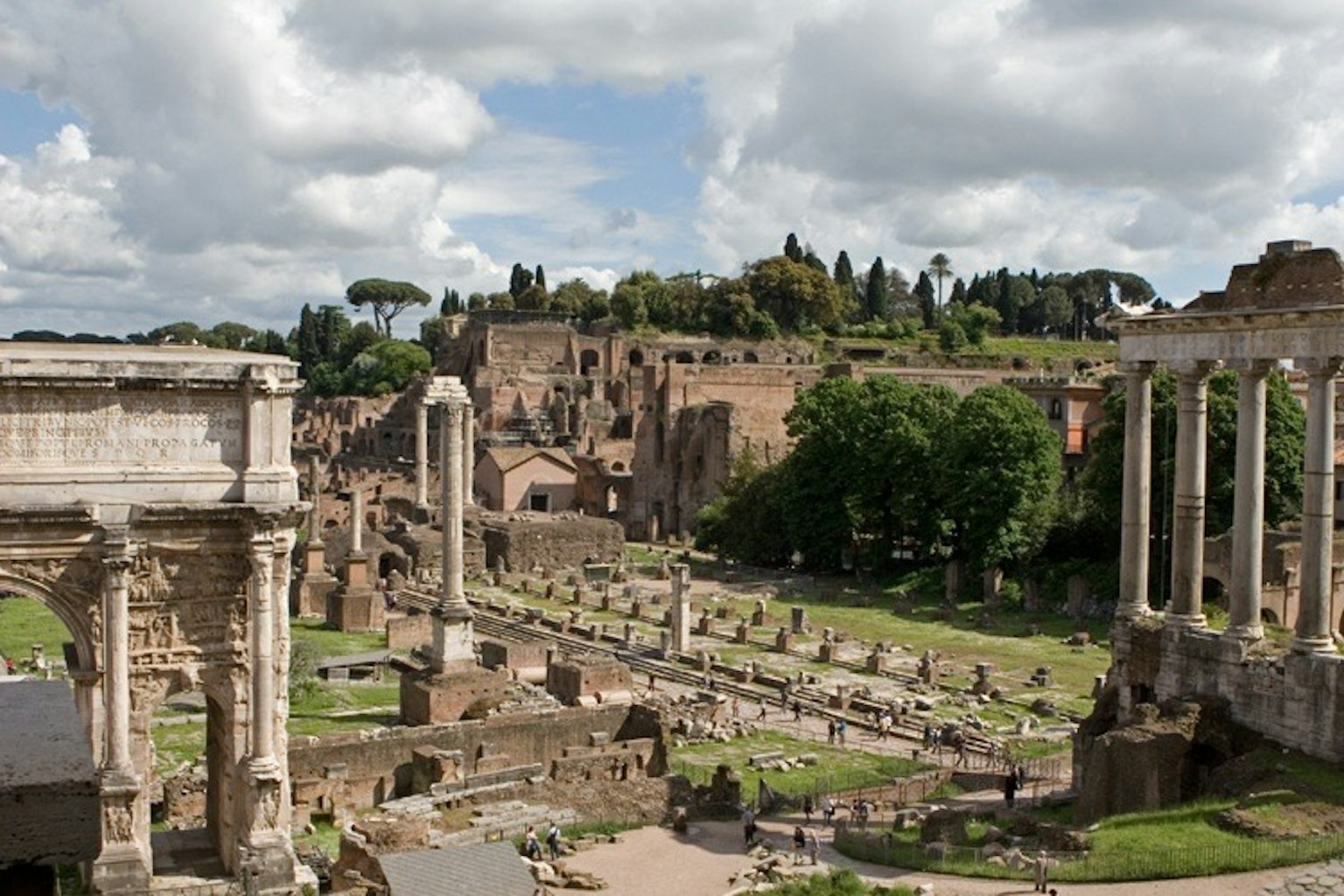 Vue des ruines du Forum romain avec des arbres verts et un ciel bleu