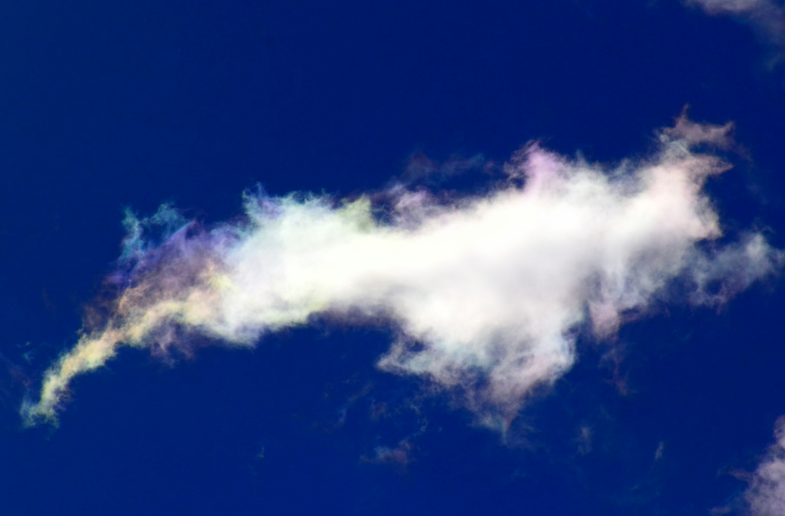 Irideszente Wolke schwebt in einem blauen Himmel