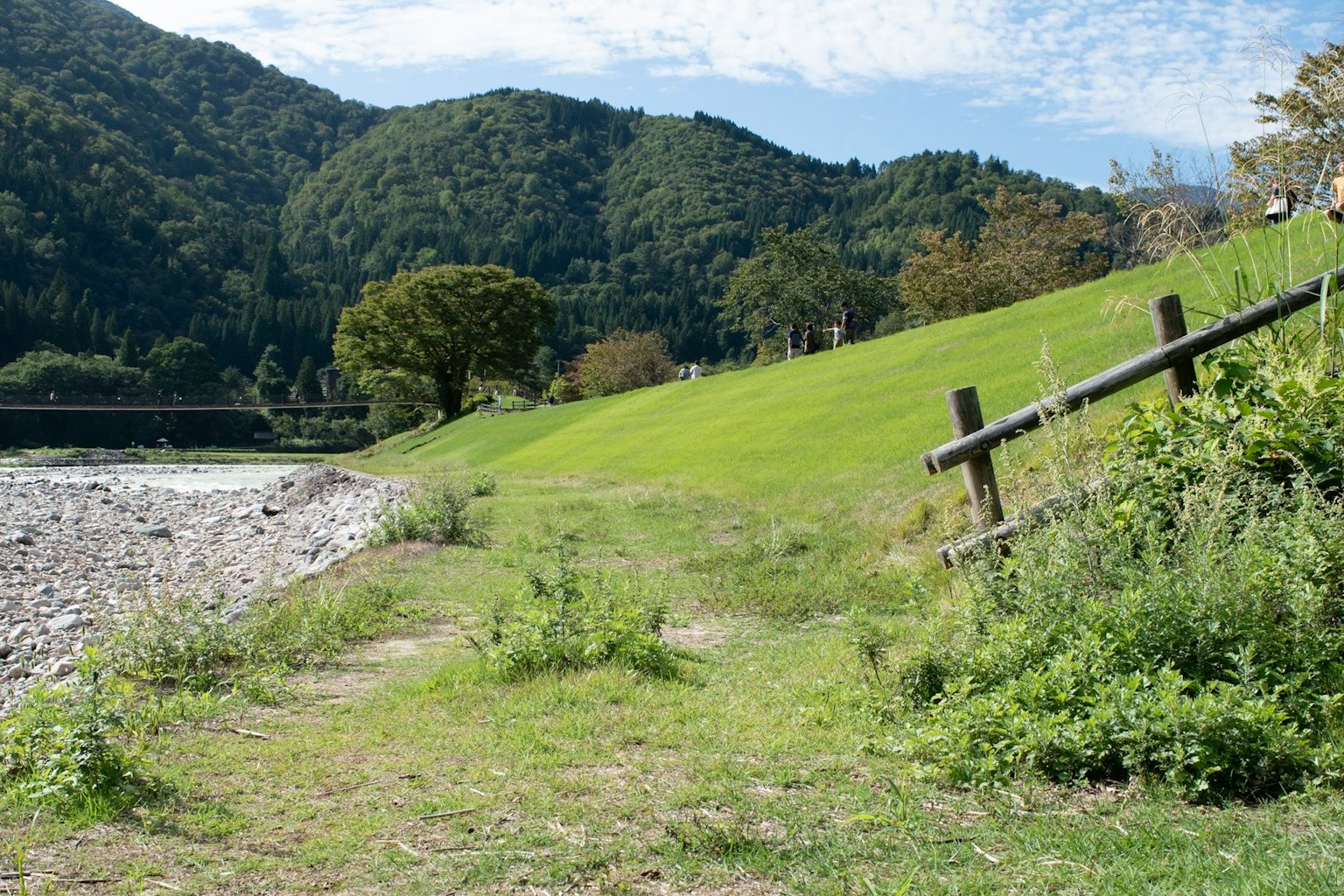 Vista escénica de pradera verde y montañas cerca de un río