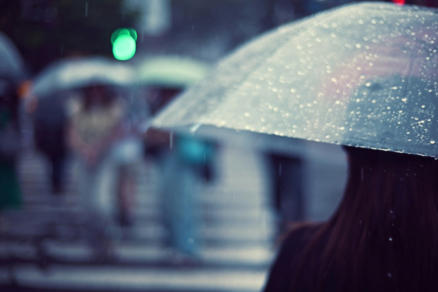 在雨中撑伞的人和背景模糊的人物