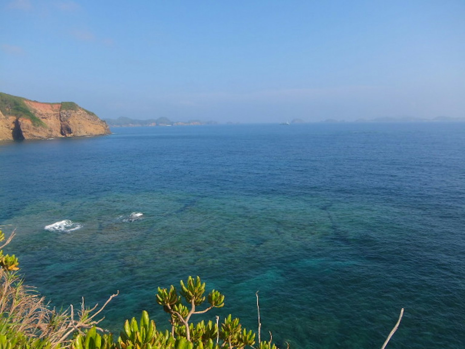 Vue panoramique de l'océan bleu avec de l'eau claire falaises côtières et plantes vertes