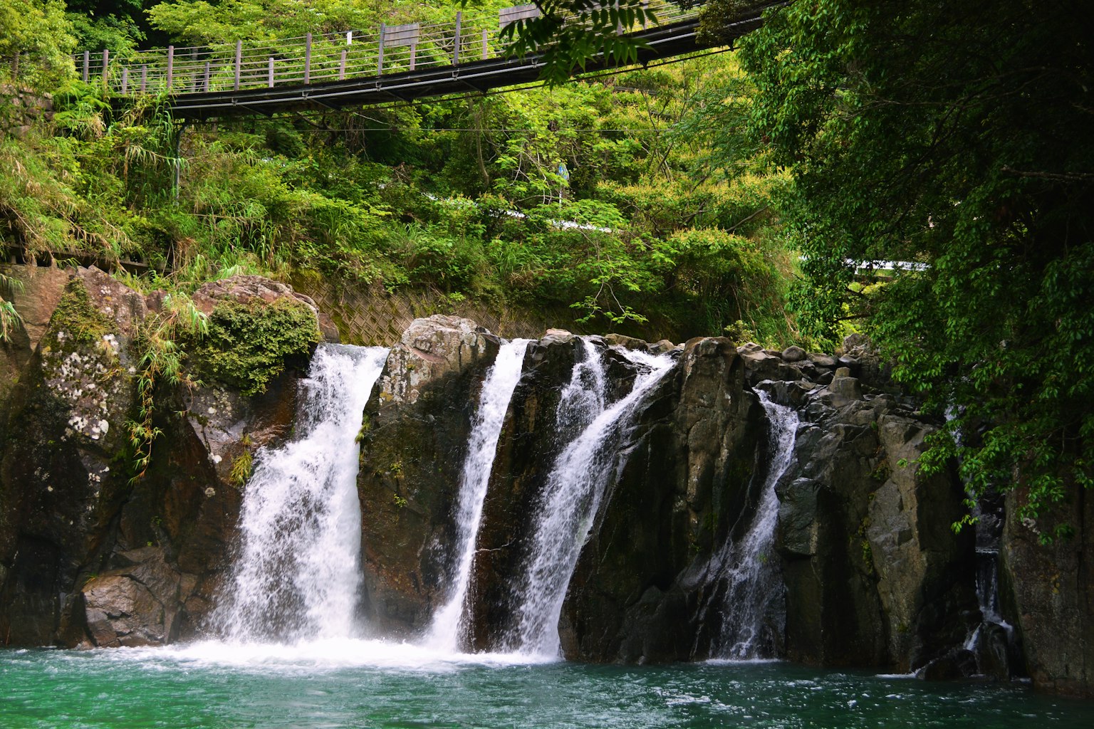 Chute d'eau tombant sur des rochers dans une piscine verte sereine entourée de verdure luxuriante