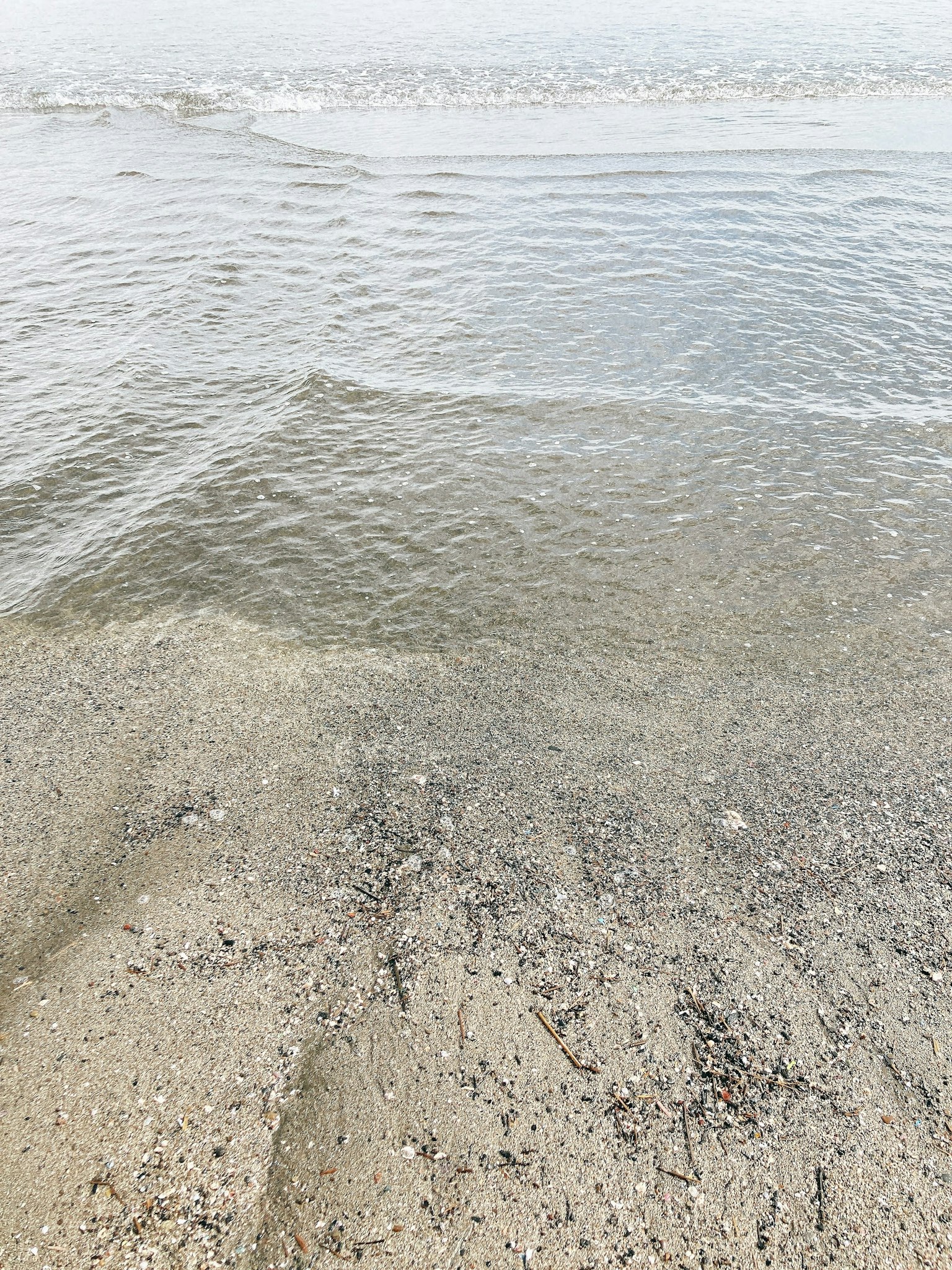 Calm water surface and sandy beach scene