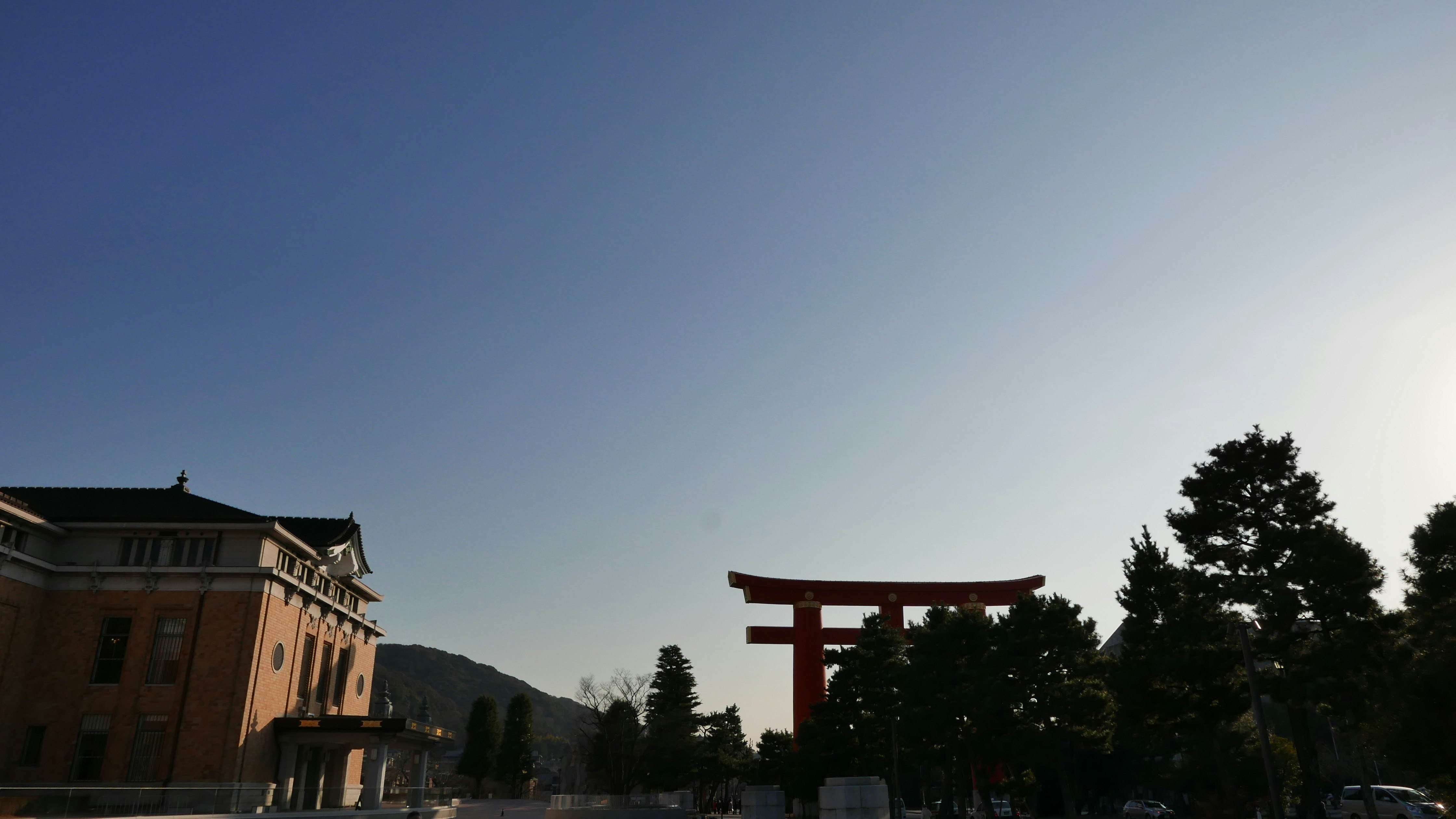 夕暮れの空に浮かぶ鳥居と木々のシルエット