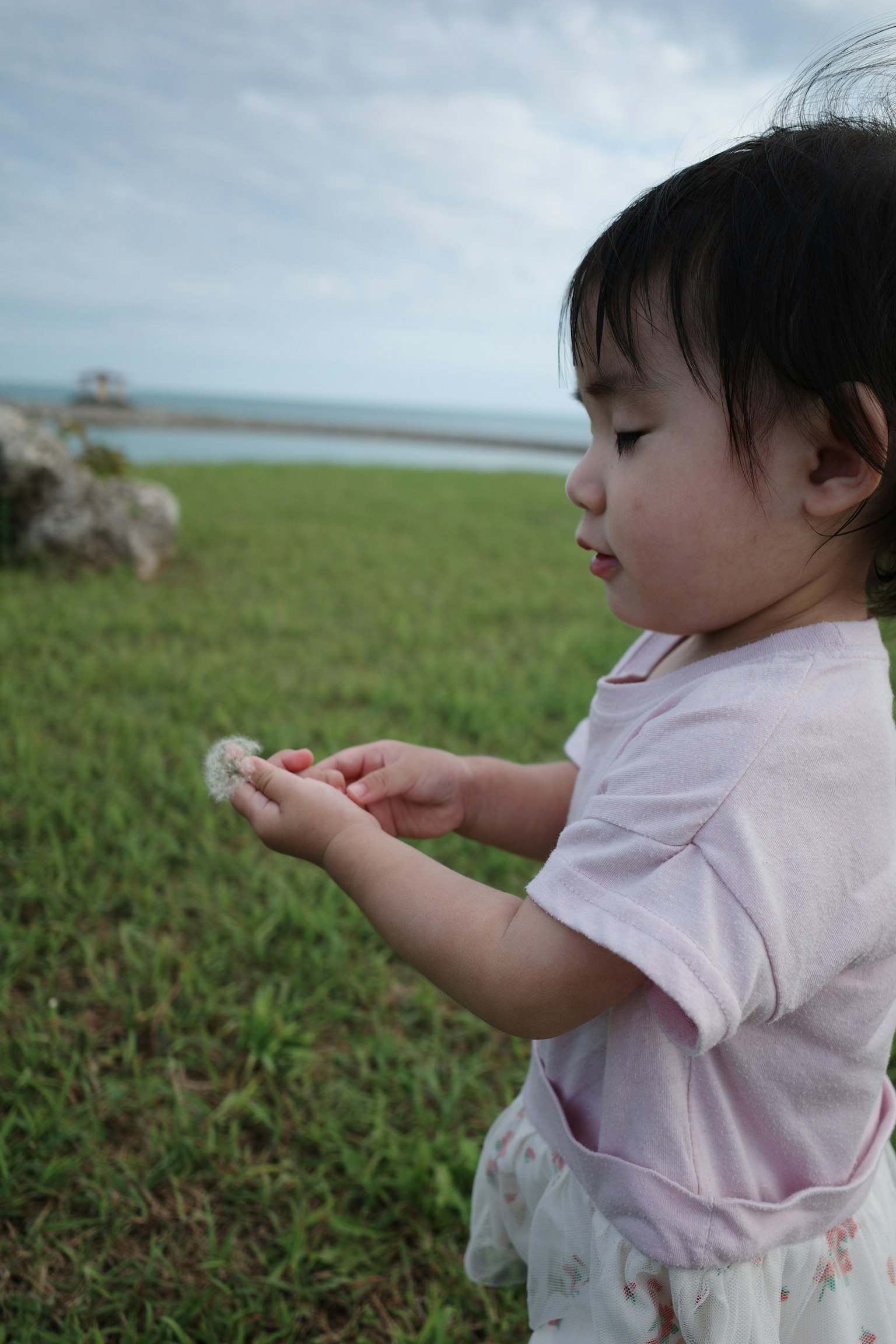 Una niña pequeña sosteniendo un pequeño objeto en el césped