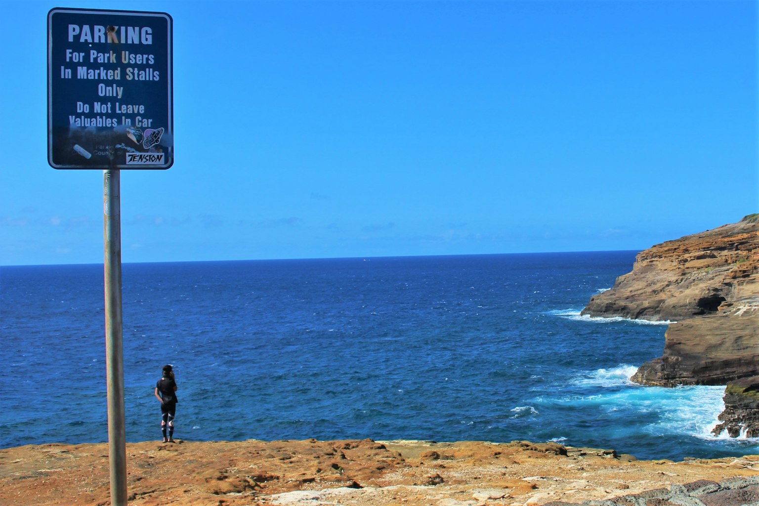 A person standing by the ocean with a parking sign nearby