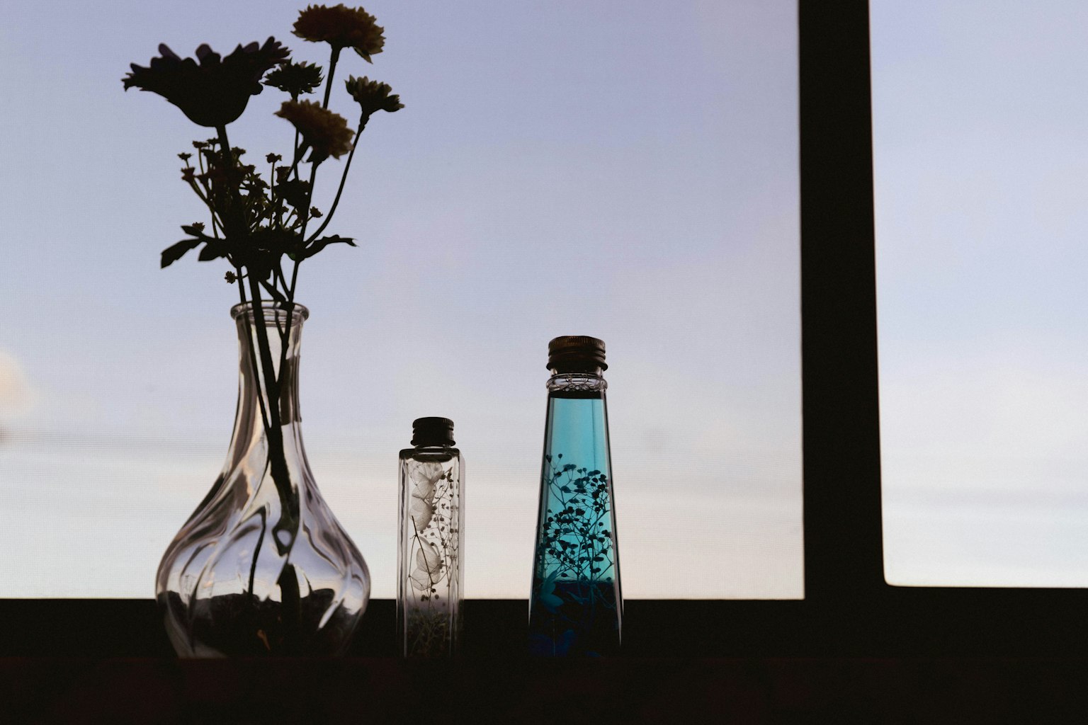 Silhouette einer Vase mit Blumen und einer Flasche mit blauer Flüssigkeit am Fenster