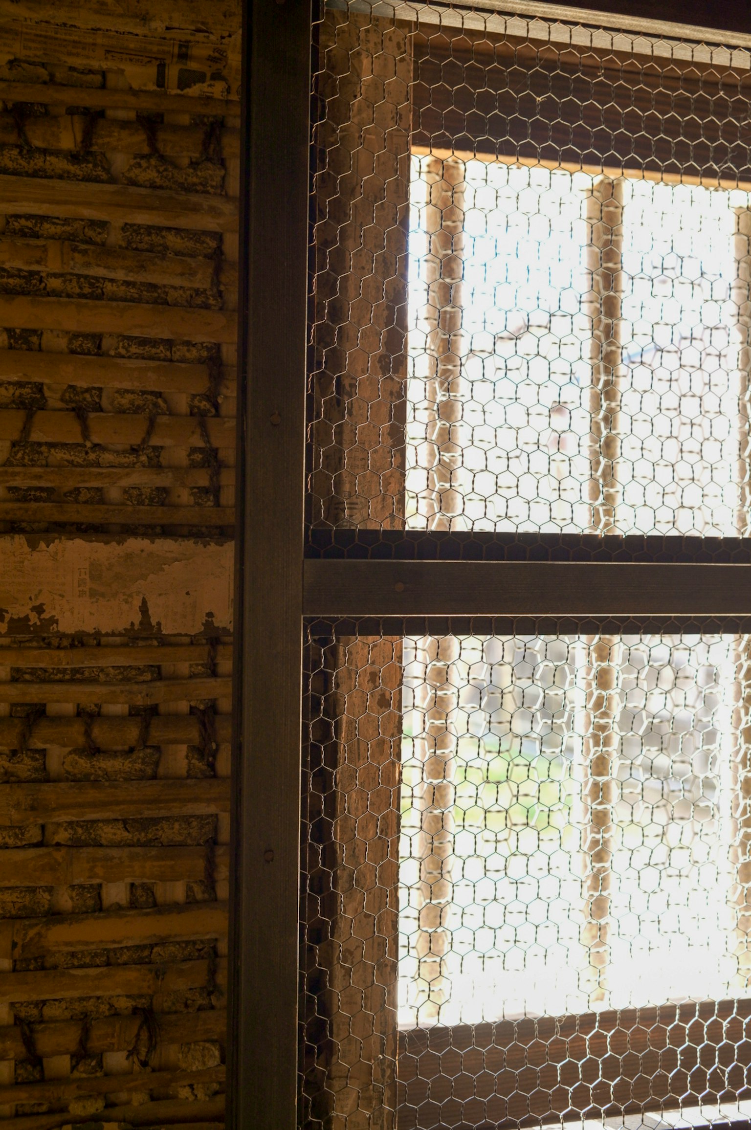 Innenansicht mit einem Fenster mit Wabenstruktur und einem dekorierten Wanddesign