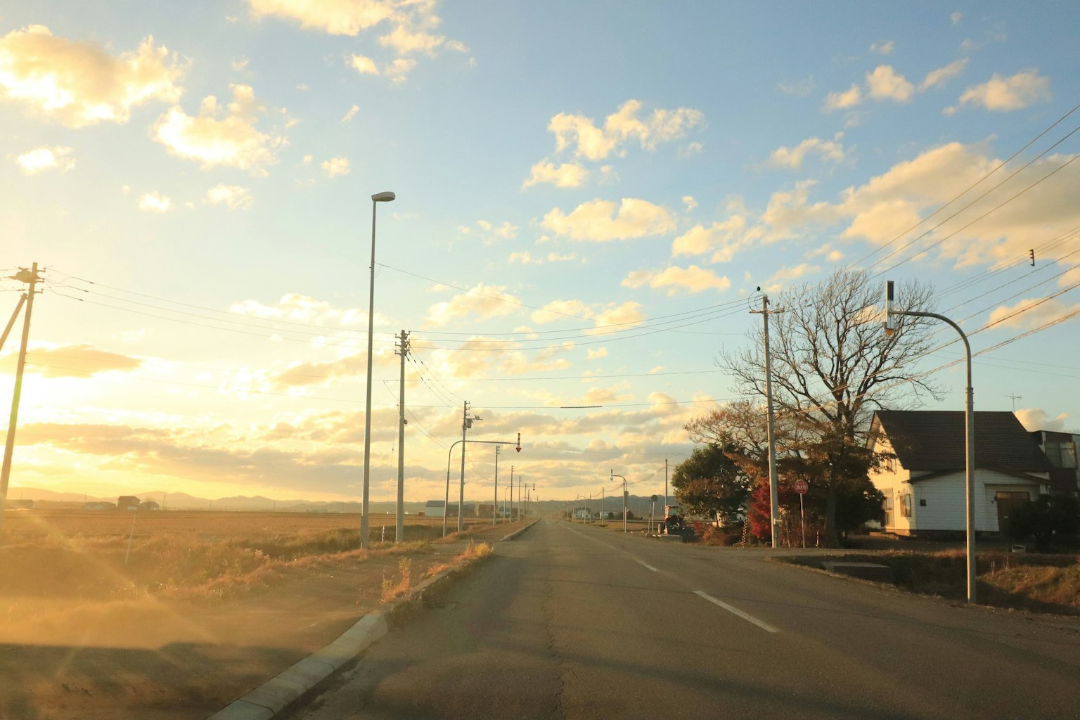 Camino rural al atardecer con casas y nubes