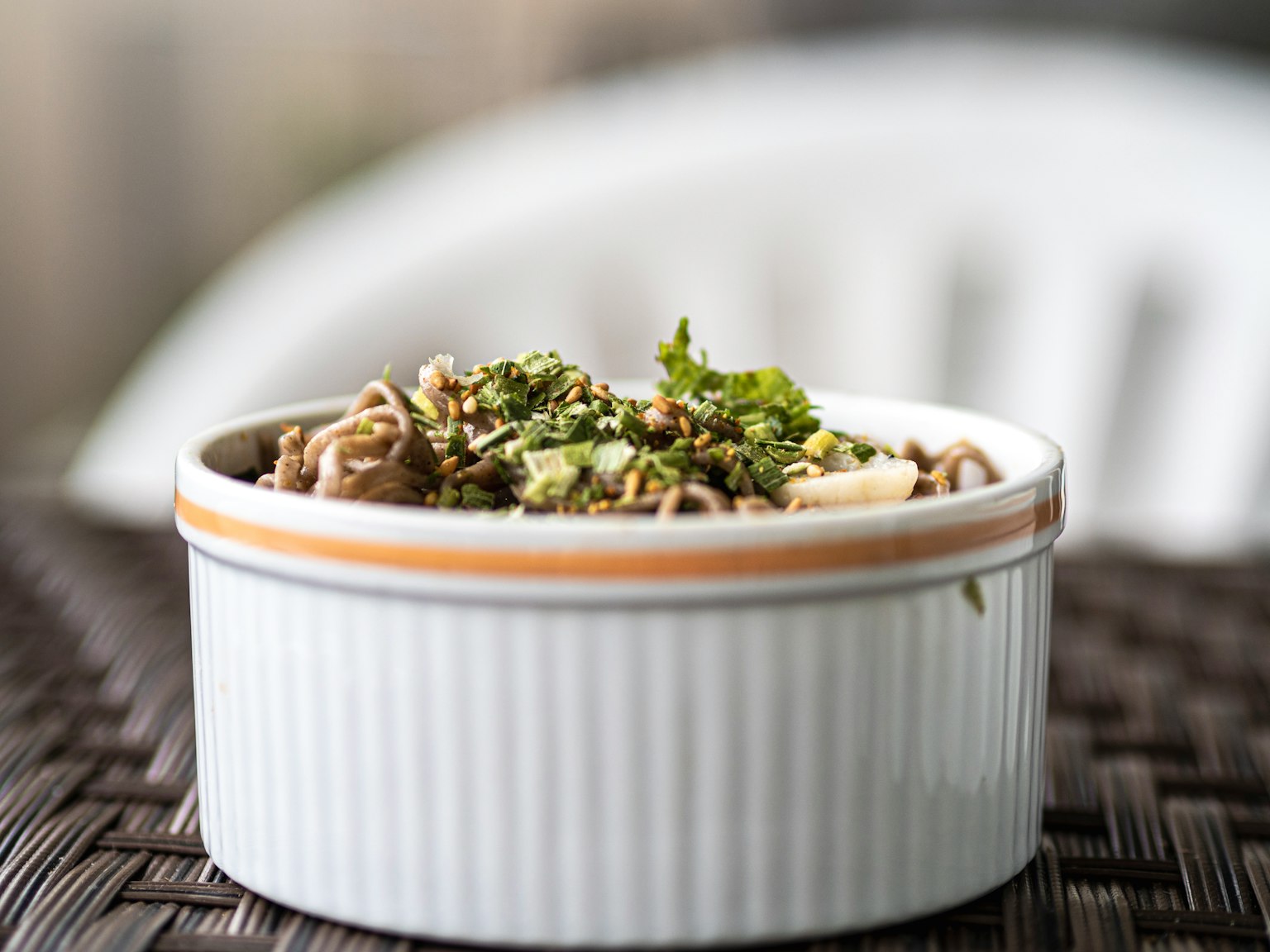 Close-up of a dish in a white bowl topped with herbs and noodles
