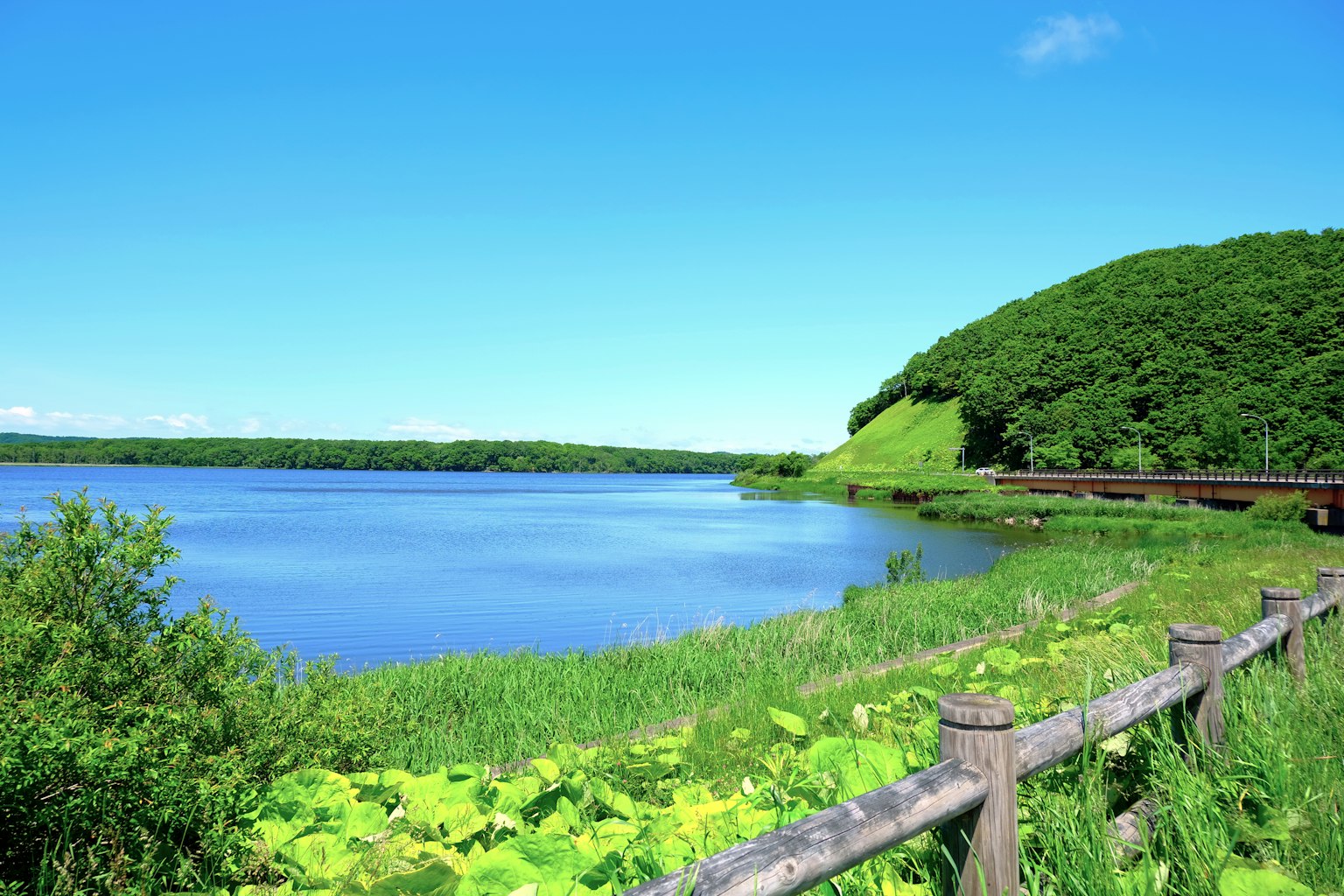 Vista panoramica di un lago tranquillo circondato da colline verdi e cielo blu