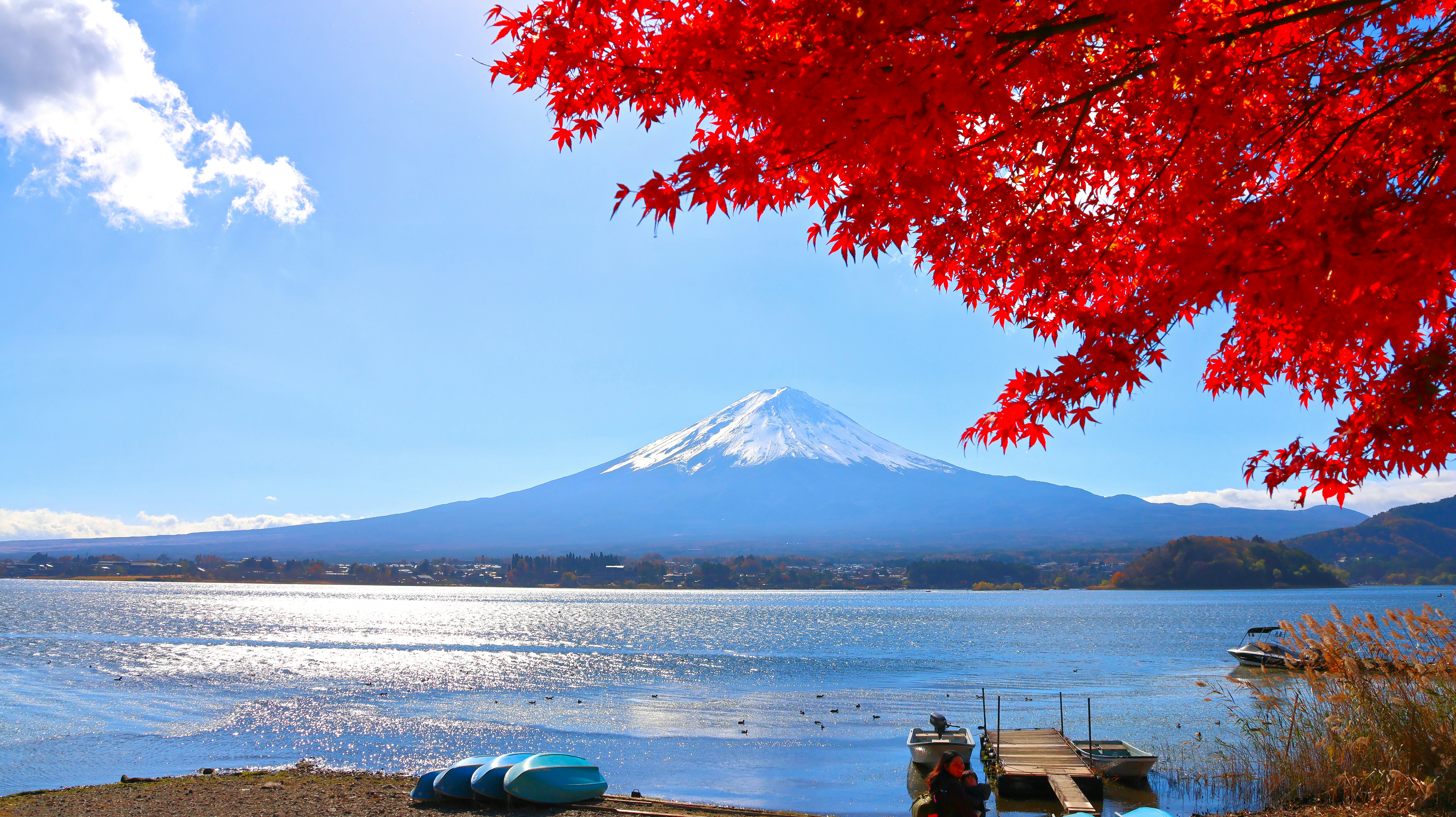 赤い紅葉と湖畔、遠くにそびえる富士山の眺め