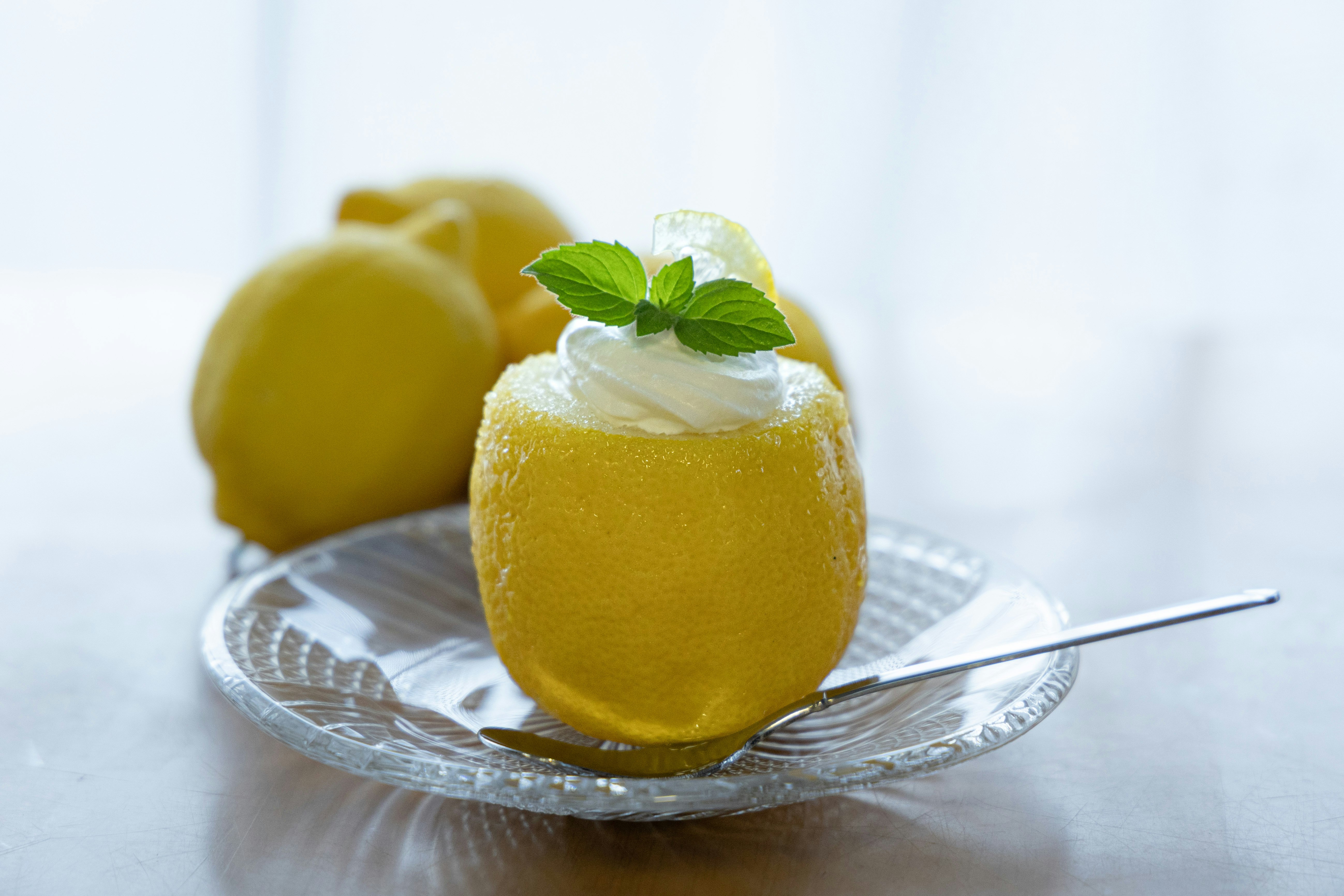 lemon sorbet dessert with mint leaves