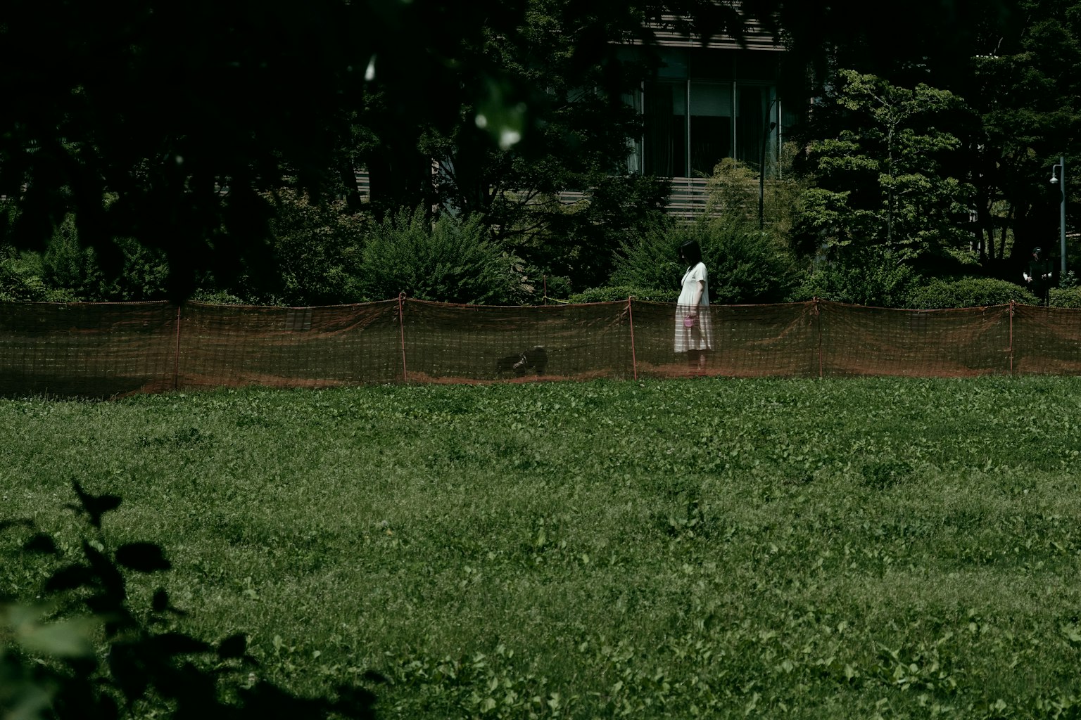 Eine Person, die in einem grünen Feld mit einem Haus im Hintergrund läuft