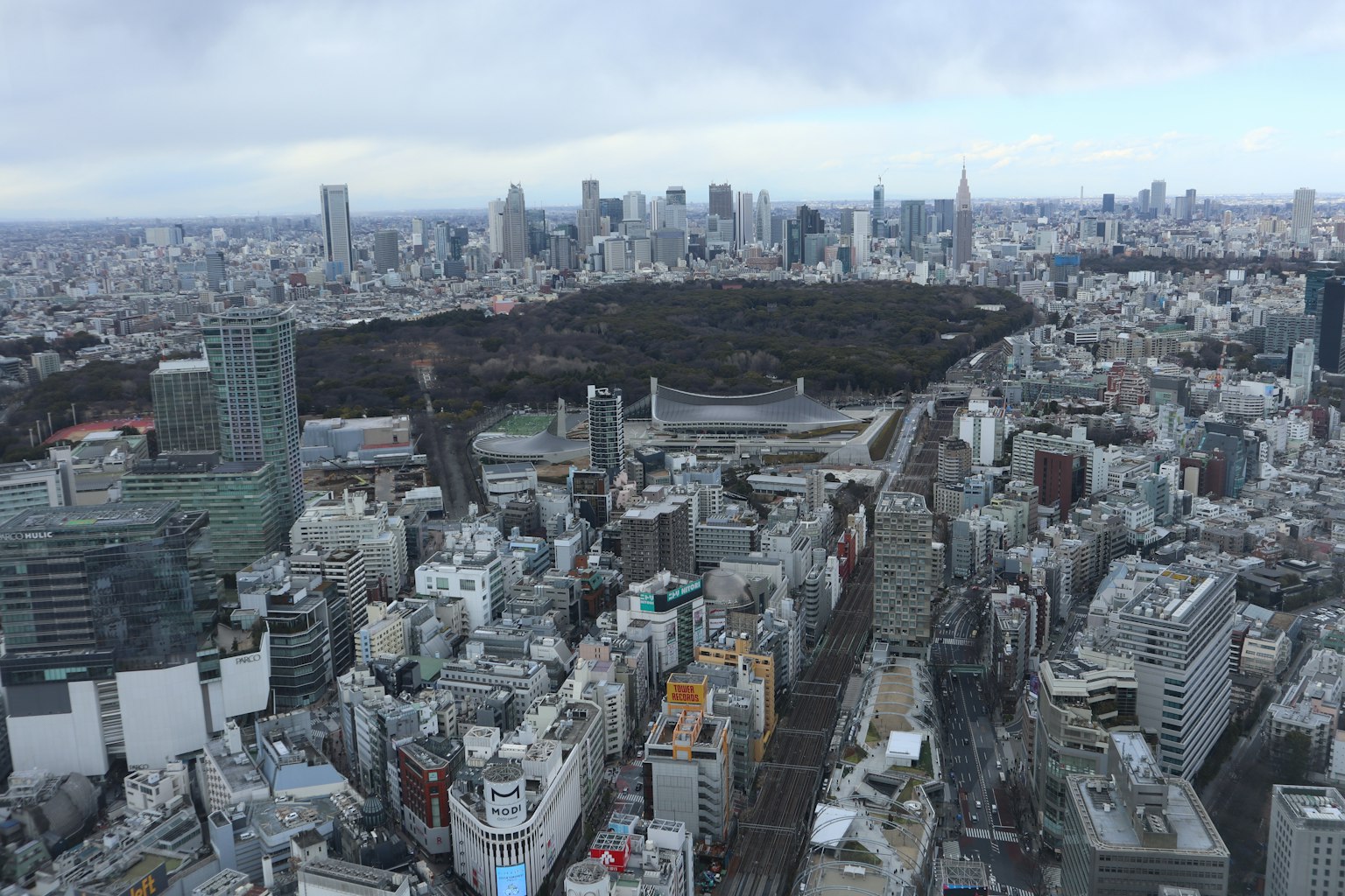 도쿄의 고층 빌딩과 공원의 파노라마 뷰