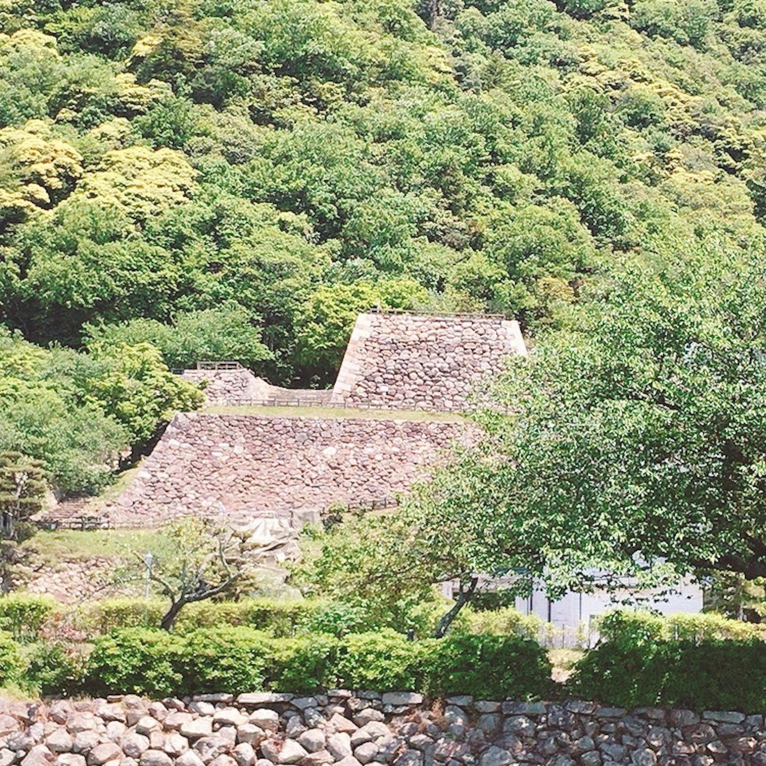 Ancient structures on a lush green hillside