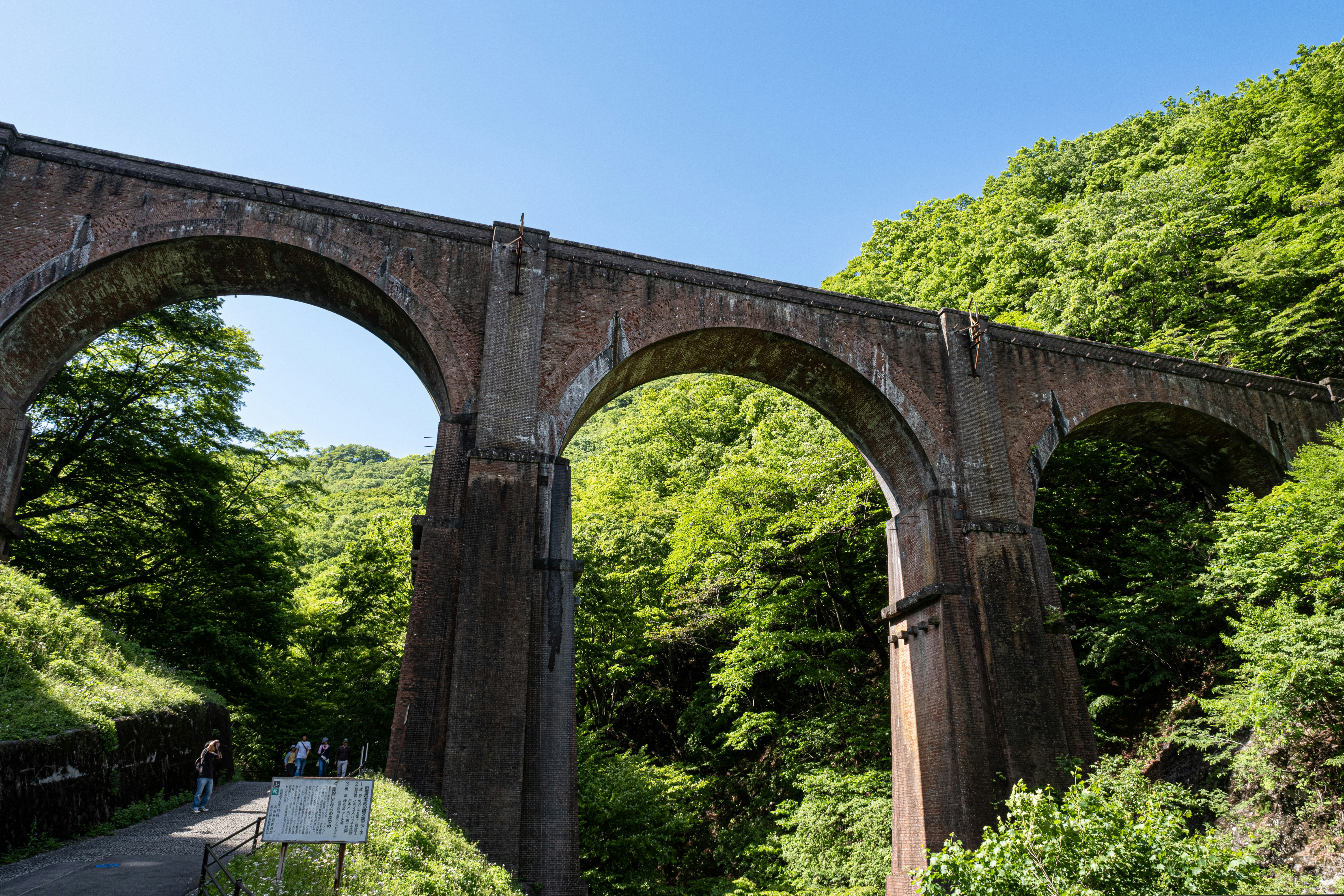 緑の森を背景にしたレンガ造りのアーチ橋の下